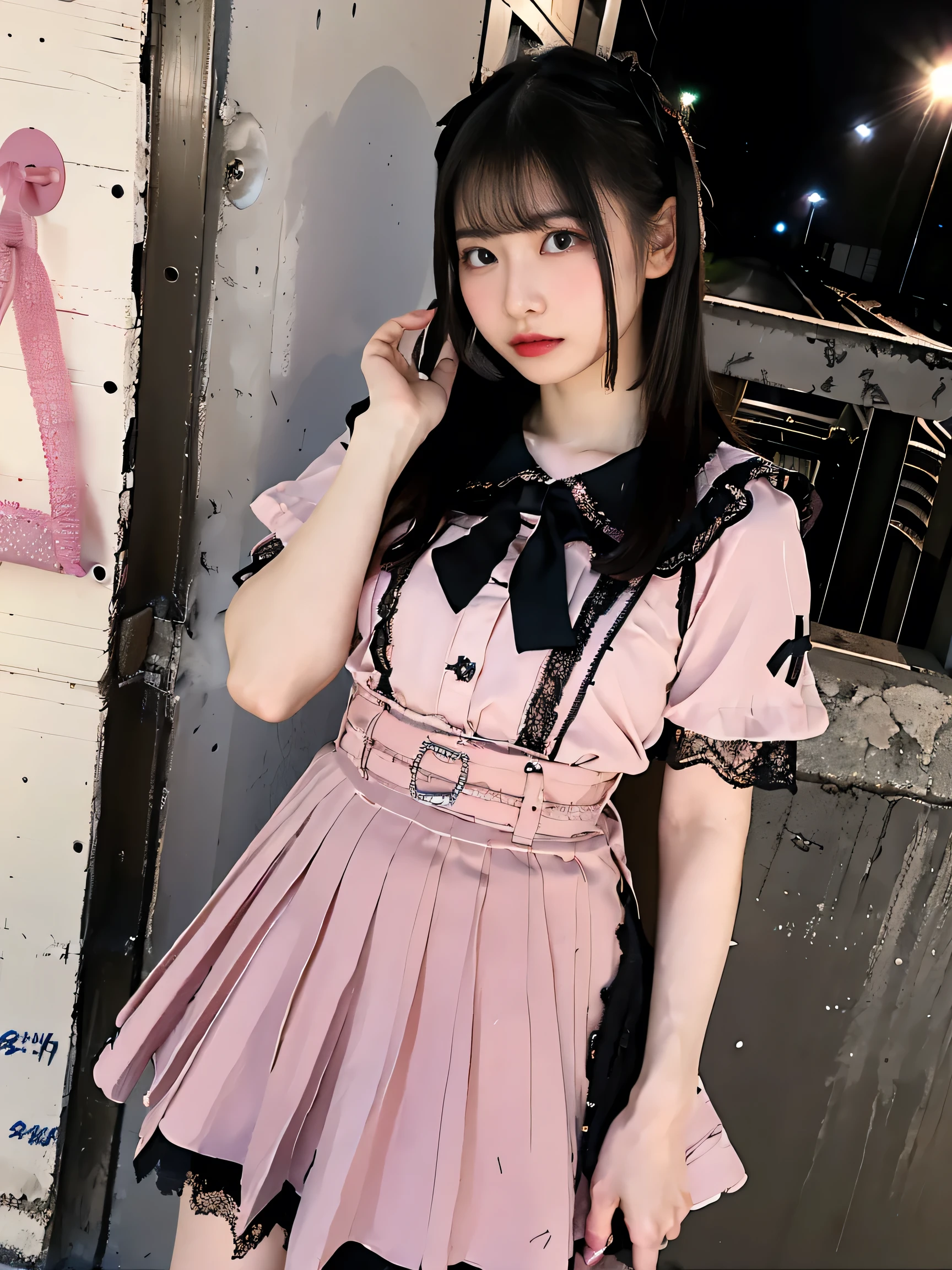 masterpiece, best quality, illustration, Super detailed, fine details, High resolution, 8K,wall paper, perfect dynamic composition, front view, full body, standing, 18 year old girl, Gravure Idol, cute type, small-faced, (Details High quality, realistic depiction of eyes:1.3), revealing clothes, wavy long hair, bangs, black hair color, Dark makeup, Big Natural Color Lip, Express the size of the breast, perfect body shape, plump figure, Black leather jacket, BREAK (baby-pink and black theme:1.4), (fusion of short puff sleeve baby-pink sundress and baby-pink A-line miniskirt with ruffles:1.4), ((U-neck, collarbone):1.3), (one-piece:1), (choker:1.3), (black bow tie on chest:1.3), (baby-pink pumps with heels:1.2), hotel room