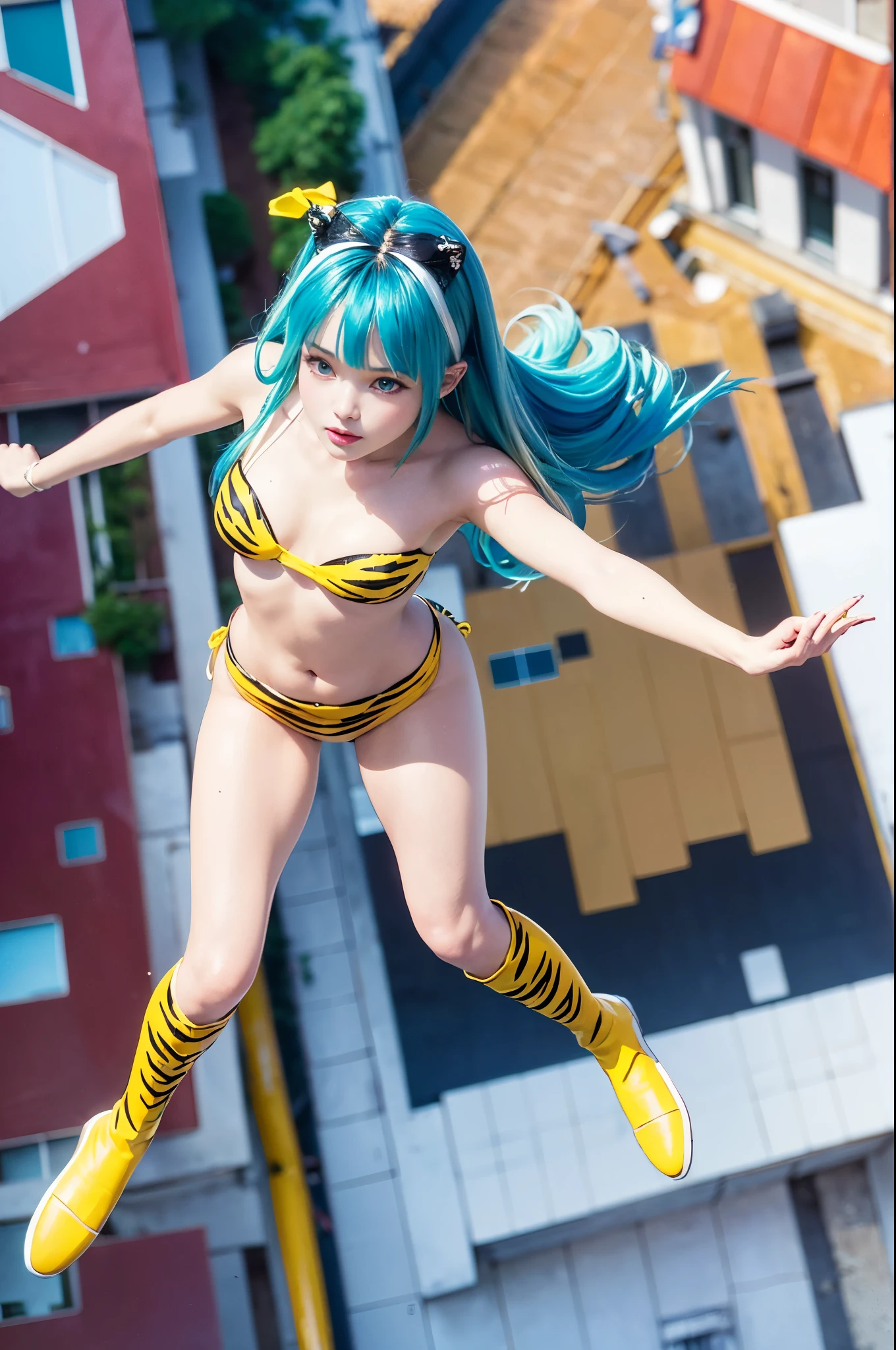 (Best Quality, masterpiece:1.2), (Realistic, photo-Realistic:1.4), RAW Photos, High resolution, Intricate details, Very detailed, Cinema Lighting, Alone, One girl, woman, (Flying in the air:1.8), uruseiyatsuraRam, Ram, (Long Hair, Blue Hair, Aqua Hair, bangs:1.2), (blue eyes), Eyeshadow, Pointy Ears, Oni Horns, (Small breasts:1.2),
Clevis, Swimwear, Strapless Bikini, (Tiger pattern, Yellow Bikini, Yellow Boots, Long boots:1.3), (Beautiful attention to detail, Very detailed face), (Perfect hands, Perfect Anatomy),,, Photo Background, Outdoor, Daytime, sunny, (Residential area seen from above:1.4),