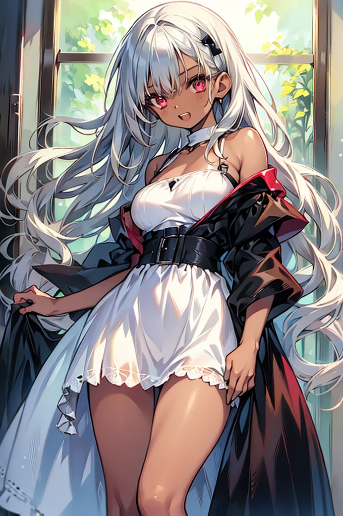 Boyish Woman　Silver Hair　Red eyes　Brown skin　Beauty　Anime Girl　White dress　Sexy　28 years old,Tanned brown skin,Dark Skin Tone,Black underwear,I can see right through it,vampire,Teeth are visible,vampireの歯