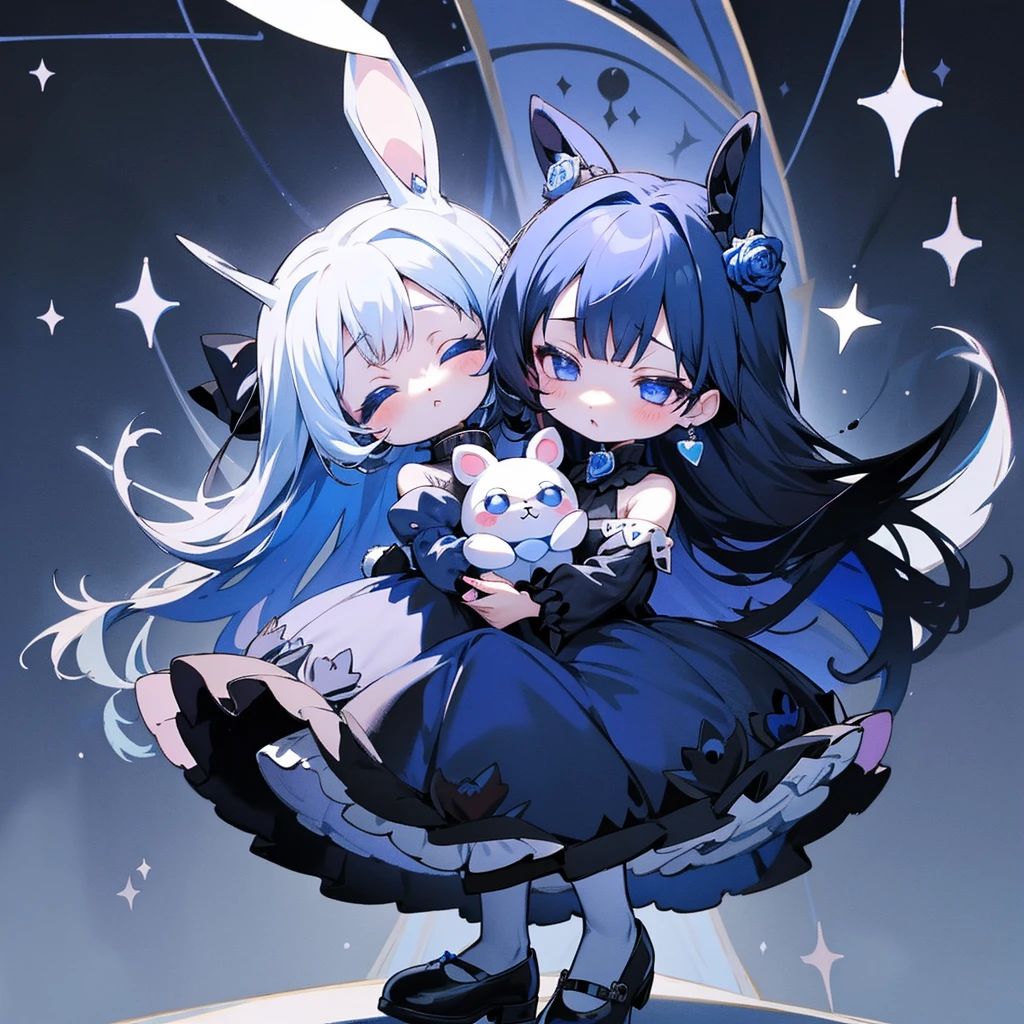 Attractive face、Chibi、royal blue background、Black clothes、Long sleeves with flared cuffs、Shoulders are exposed、One piece flare skirt、Rabbit with stuffed toy、Black and royal blue palette、Gothic Shoes、Positive、Black Rose、🌙、Perfect Anatomy、heart、🌸🌸、Floral ornaments、