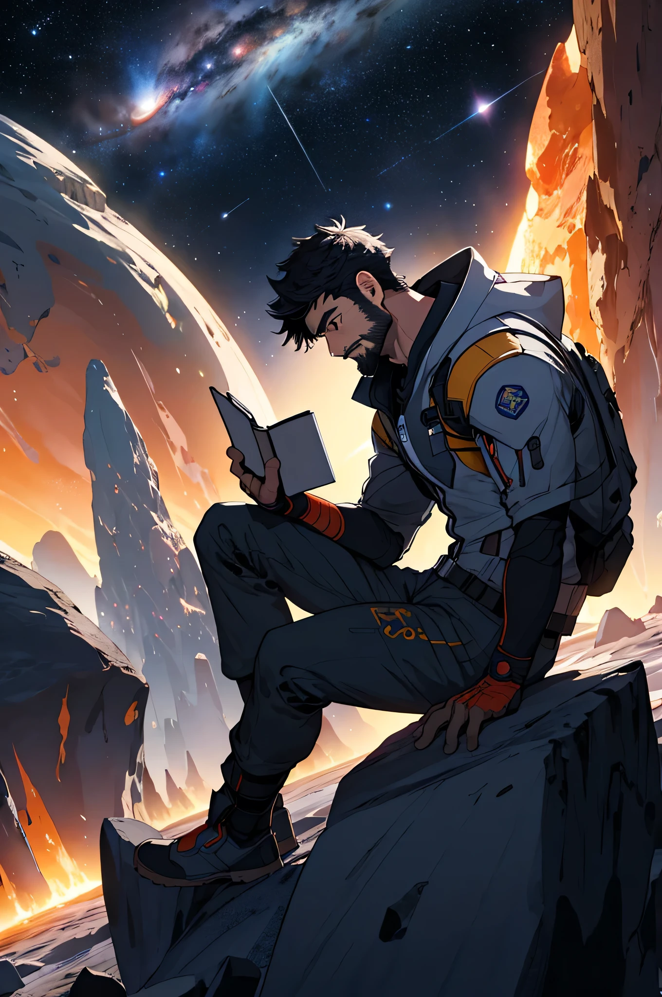 A man sitting on a rock with a book in his hand - SeaArt AI