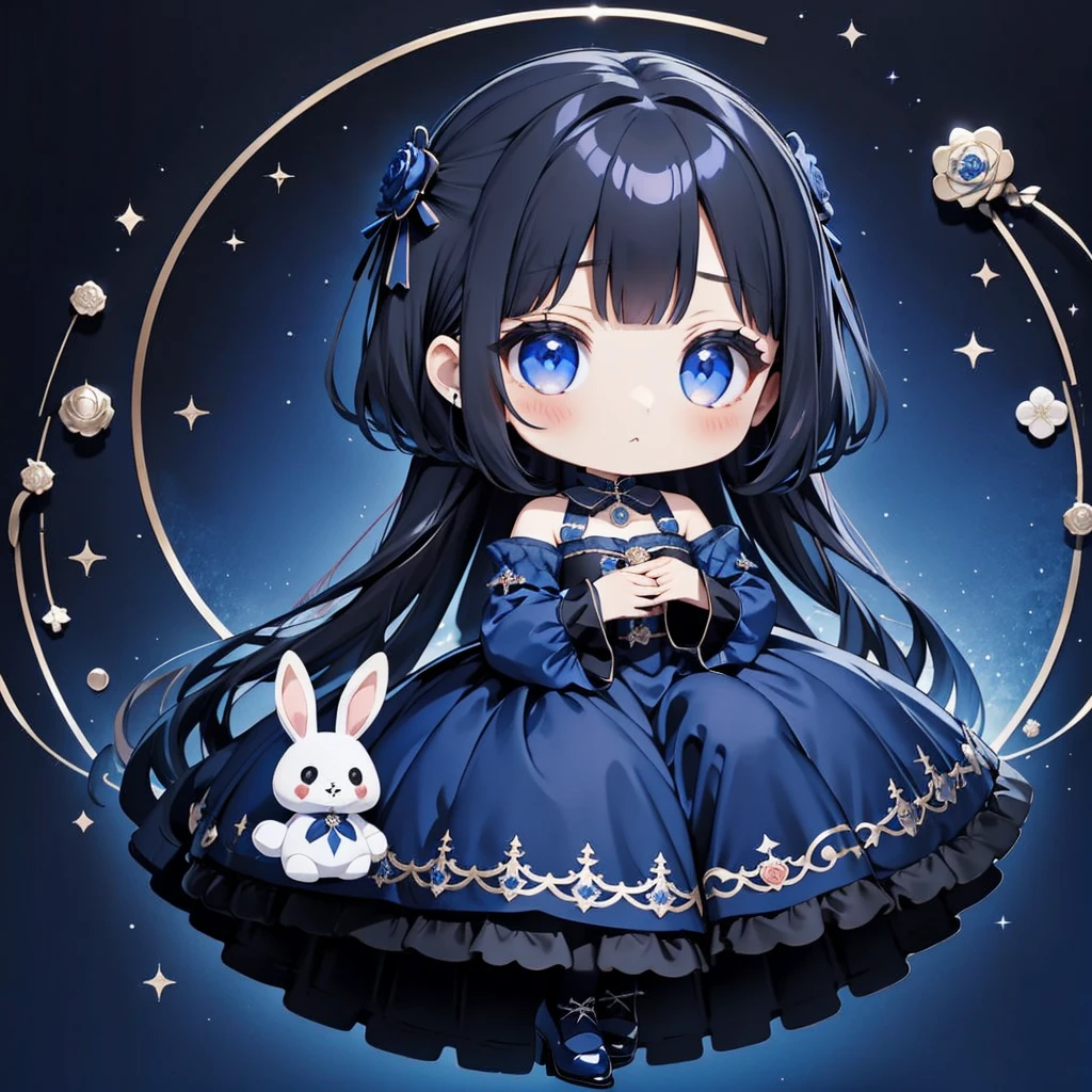 Attractive face、Chibi、royal blue background、Black clothes、Long sleeves with flared cuffs、Shoulders are exposed、One piece flare skirt、Rabbit with stuffed toy、Black and royal blue palette、Gothic Shoes、Positive、Black Rose、🌙、Perfect Anatomy、heart、🌸🌸、Floral ornaments、