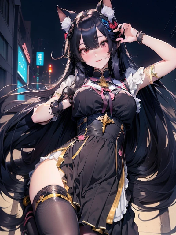 masterpiece、best image quality、ultra high resolution、teenage girl with big breasts、twin tail hairstyle、black hair、hair ribbon、red face、shyly、mock、Open your mouth just a little、Magical girl costume that shows cleavage、magical girl miniskirt、magical girl knee high socks、skyscrapers at night、at night