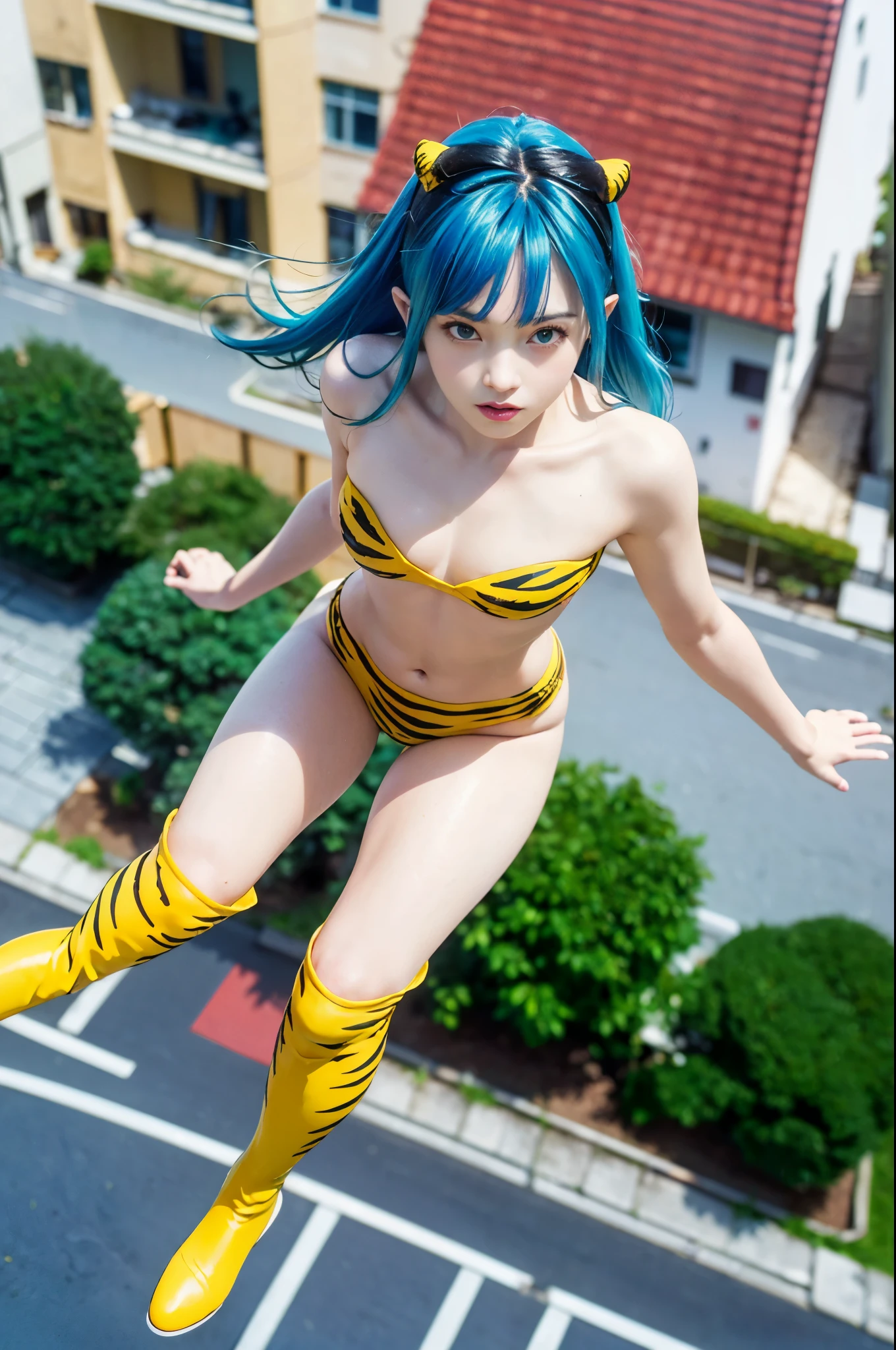 (Best Quality, masterpiece:1.2), (Realistic, photo-Realistic:1.4), RAW Photos, High resolution, Intricate details, Very detailed, Cinema Lighting, Alone, One girl, woman, (Flying in the air:1.8), uruseiyatsuraRam, Ram, (Long Hair, Blue Hair, Aqua Hair, bangs:1.2), (blue eyes), Eyeshadow, Pointy Ears, Oni Horns, (Small breasts:1.2),
Clevis, Swimwear, Strapless Bikini, (Tiger pattern, Yellow Bikini, Yellow Boots, Long boots:1.3), (Beautiful attention to detail, Very detailed face), (Perfect hands, Perfect Anatomy),,, Photo Background, Outdoor, Daytime, sunny, (Residential area seen from above:1.4),