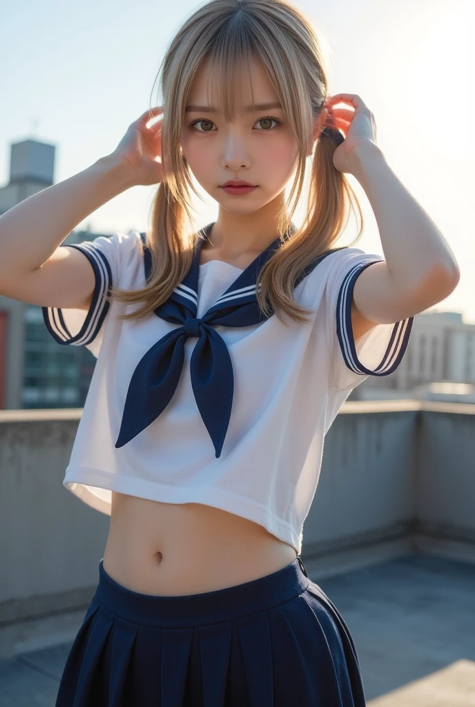 1 girl, alone, gal, full body, hands in own hair,(long twin tails),hair ribbon,blonde,brown eyes, Viewed from diagonally down, traditional sailor uniform from famous urban high school, white uniform , short-sleeved sailor uniform:1.21, sera fuku:1.21, belly visible, navy blue pleated miniskirt, perfect beauty, like a positive film:1.21, (film frame shot on positive film:1.5), sexy pose, dramatic lighting,. masterpiece, best quality, shape, super detail, details, high resolution, 8k,wallpaper, perfect dynamic composition,(Realistic depiction of eyes:. 1.3), rooftop