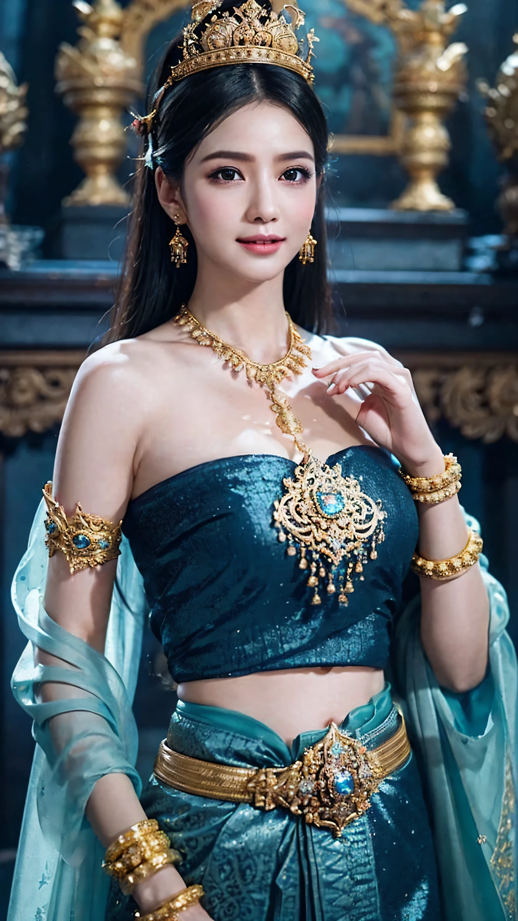 Superb details, Realistic, goddess, Beautiful eyes and details, Beautiful and detailed lips, Flowing black hair, Smiles, sparkling decorations,(Thai dress) (Fluke set - tube top) Blue dress, accessories such as necklaces, bracelets, crowns, belts, detailed and sharp, beautiful chest shape, showing a smooth, touchable belly, mysterious aura, Supernatural beauty, Graceful gesture, divine light, strong power, Surrounded by heaven, Bright colors, Fairytale atmosphere, Glowing light, Calm expression, Supernatural Energy, The Most Holy Thing, Legendary figure, Empowering the Spirit, The God of Liberation, goddessผู้ยิ่งใหญ่, Holy woman, Unrivaled elegance, An elegant presence, Gaze in fascination, Magical atmosphere, Quiet peace, Amazing lighting, Holy grace, Nampu Temple, the majestic power, Eternal peace, Magical charm, Fascinating beauty, The ultimate perfection, Dreamy atmosphere, Fascinating beauty,Thai Temple, Blue Set, CGSociety, High Resolution, Beautiful woman in an amazing CGI society