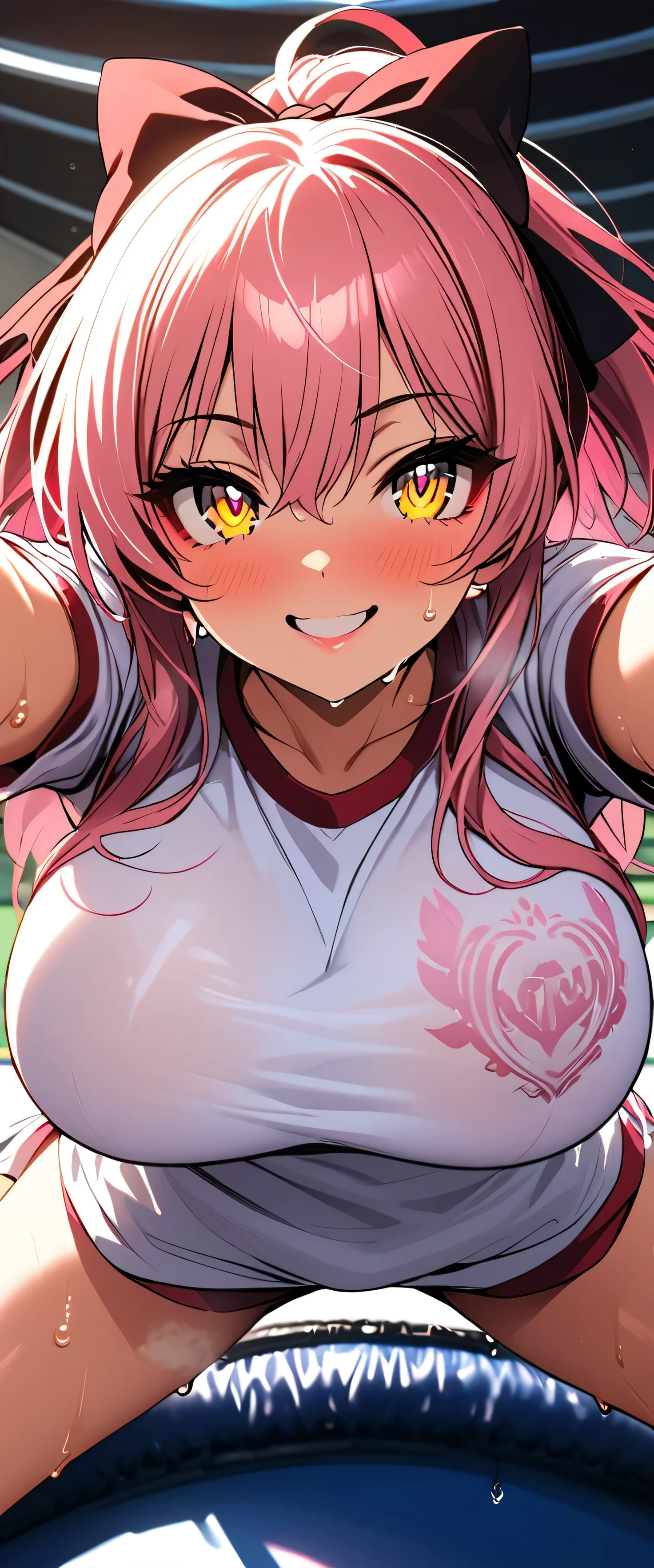 (beautiful girl: 1.3),One girl,masterpiece, Please redeem, Ultra-high resolution,Rich contrast,Very high quality,8k,Highly detailed CG unit wallpaper,Texture,So ridiculous,Ultra-high resolution,RAW Photos,Please redeem anime,Depth of written boundary 1.2,(pink hair, yellow eyes,),ultra-detailed eyes,Glowing Skin,Glitter Effect,Beautiful glossy lips,makeup,(school gym clothes),school gym,mika jougasaki,Huge breasts,hair bow,Jump High,((sweat)),(trampoline:1.3),Very smiling,Spread your arms wide,Spread your legs