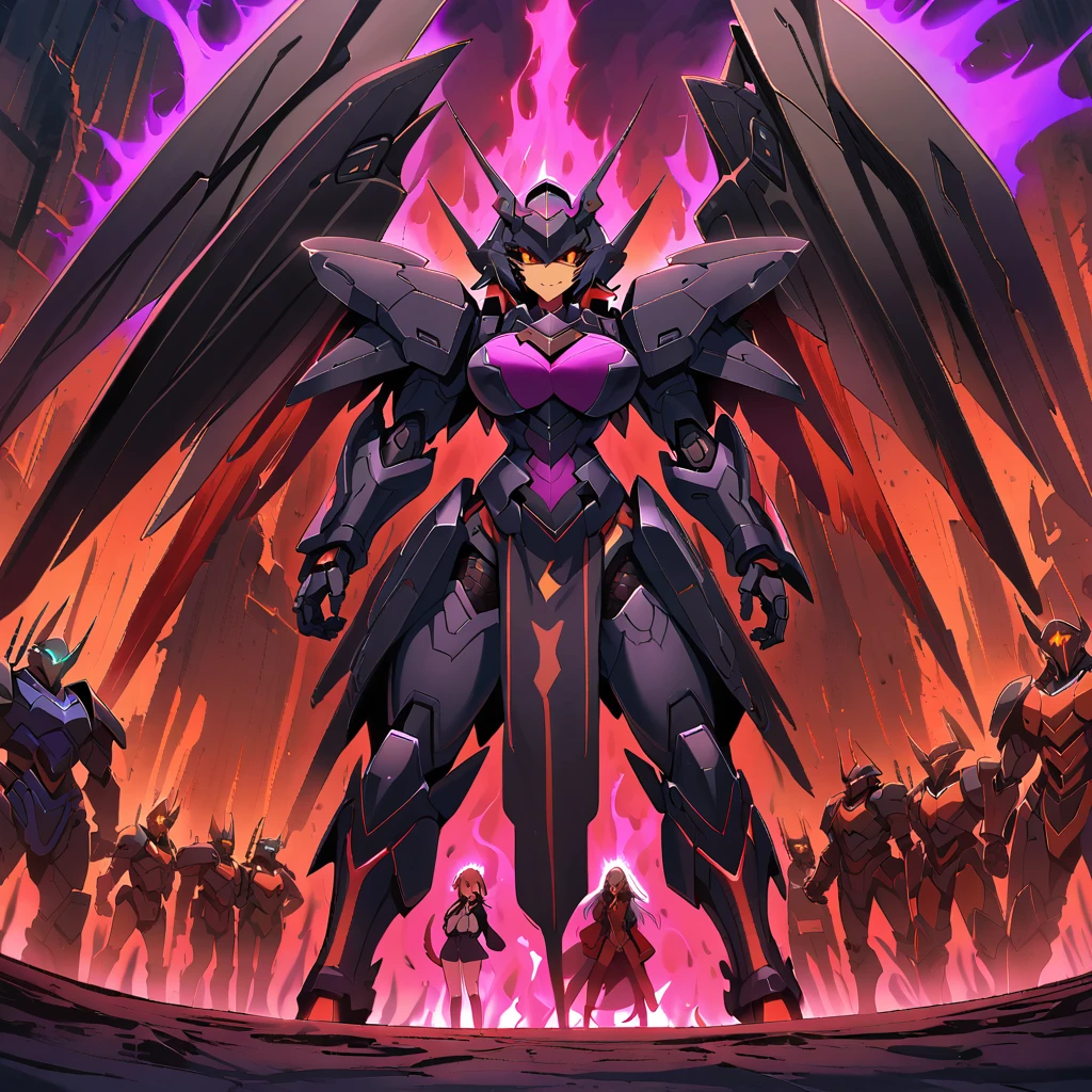 Anime, high detailed, multiple womans, mature womans, dark Ebony mecha armor, large mechanical wings, evil grin, large clawed Gauntlet, red skin, curvy body, long mechanical tail,black sclera、Colored sclera、crimson Colored skin、Yellow Eyes, elongated pupils,  Mature Woman、Black-purple aura、womans surrounding