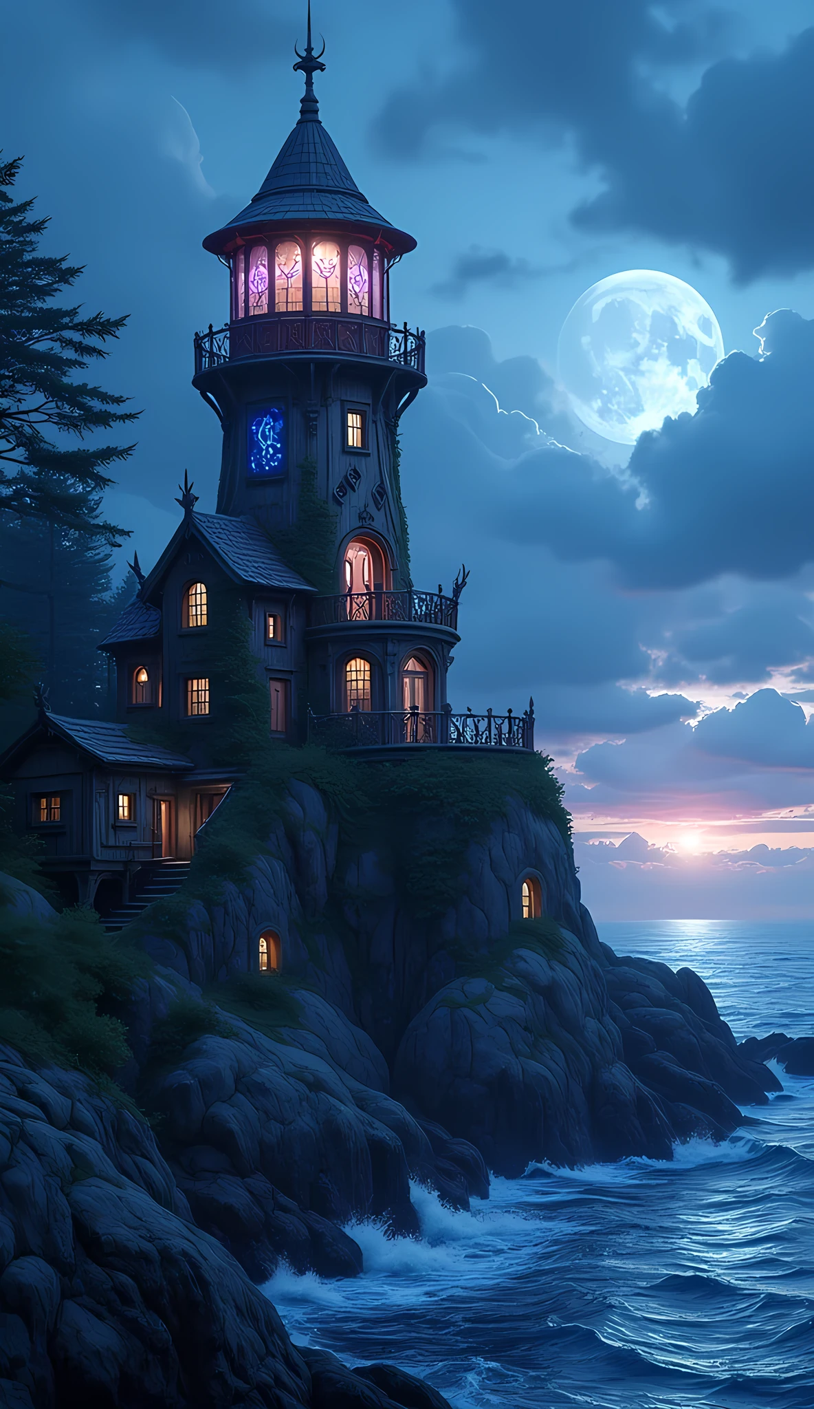 there is a magical lighthouse in built by the elves, it is standing in the sea part of the wall surrounding the city of elves, it is made by tree and has vines climbing its walls. Elven architecture, there are some magical runes on the lighthouse, a beacon of light is coming out of the lighthouse,  the runes are blue and purple, the top of the lighthouse sends a beacon of light into the sea, its is sunset, the moon is rising and there are some stars, fantasy art, high fantasy art, magical art, hyp3rd3tail style, 