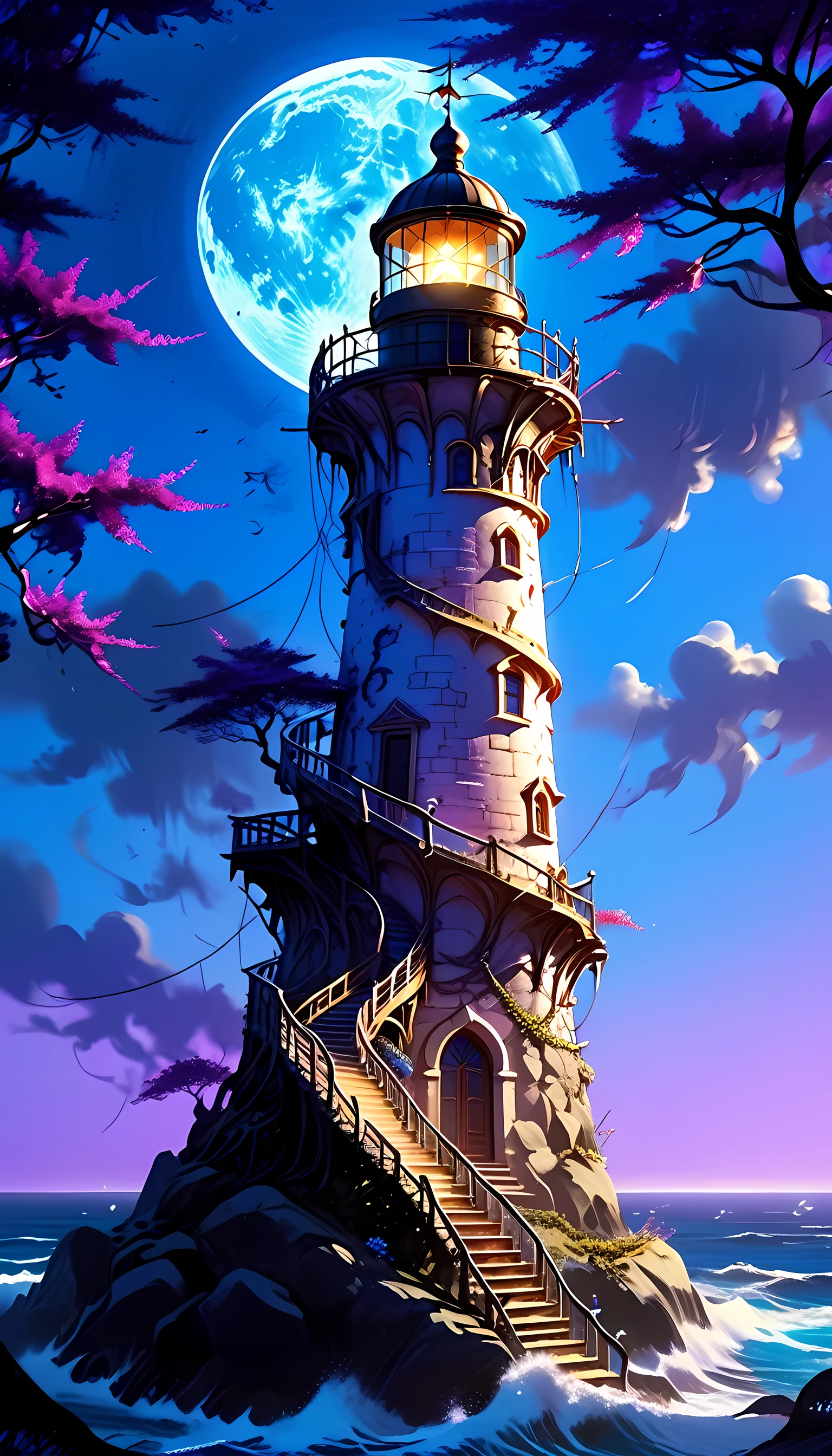 there is a magical lighthouse in built by the elves, it is standing in the sea part of the wall surrounding the city of elves, it is made by tree and has vines climbing its walls. Elven architecture, there are some magical runes on the lighthouse, the runes are blue and purple, the top of the lighthouse sends a beacon of light into the sea, its is sunset, the moon is rising and there are some stars, fantasy art, high fantasy art, magical art, mythp0rt, tattoo