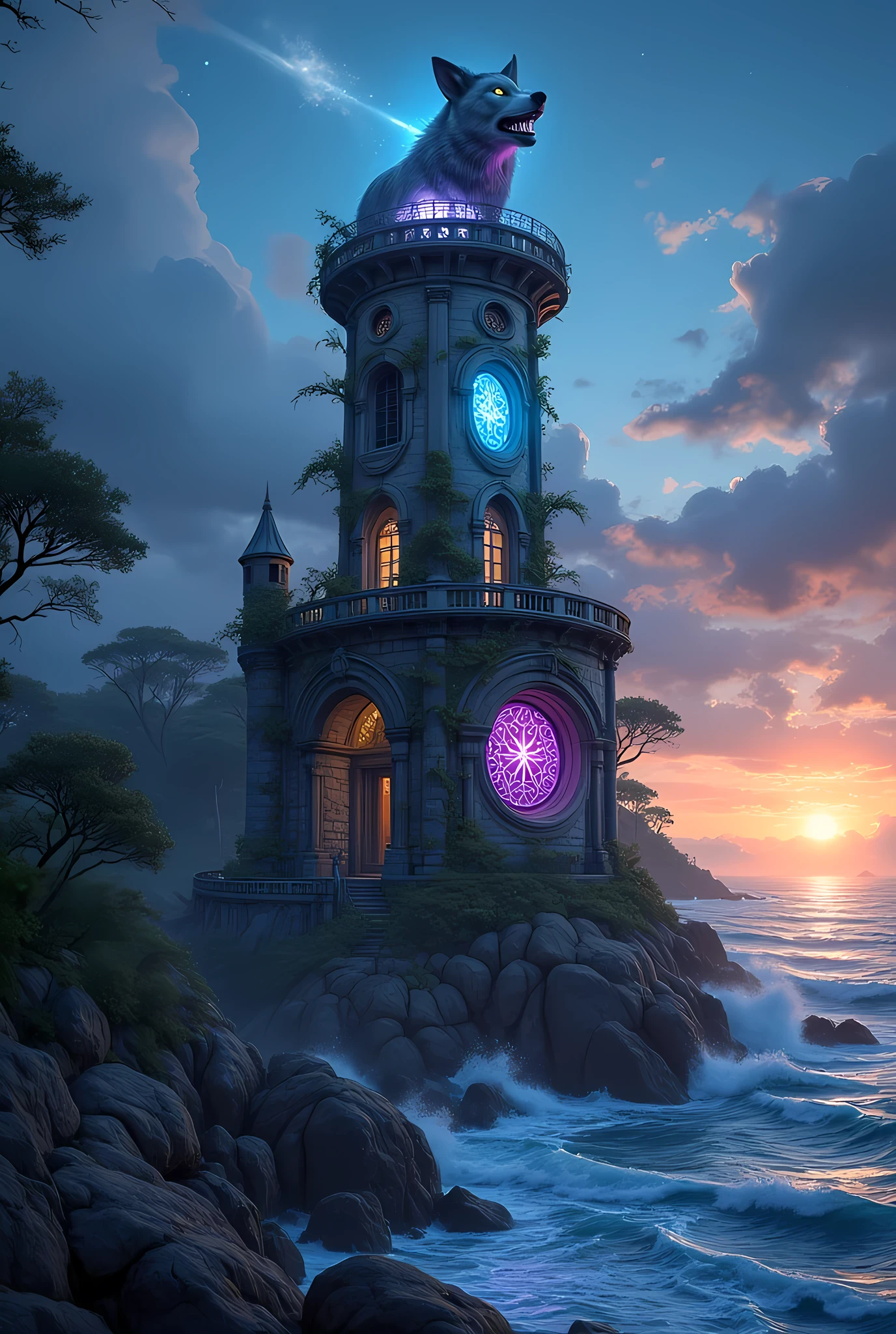 there is a magical lighthouse in built by the elves, it is standing in the sea part of the wall surrounding the city of elves, it is made by tree and has vines climbing its walls. the top of the lighthouse is shaped like wolf's head, the light is coming out the wolf's eyes,  there are some magical runes on the lighthouse, the runes are blue and purple, the top of the lighthouse sends a beacon of light into the sea, its is sunset, the moon is rising and there are some stars, fantasy art, high fantasy art, magical art, hyp3rd3tail style, 