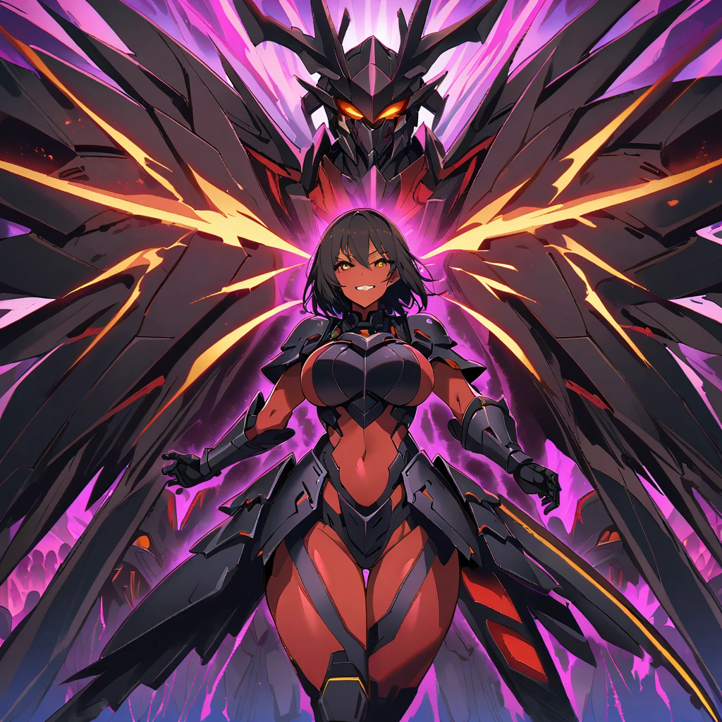 Anime, high detailed, multiple womans, mature womans, dark Ebony mecha armor, large mechanical wings, evil grin, large clawed Gauntlet, red skin, curvy body, long mechanical tail,black sclera、Colored sclera、crimson Colored skin、Yellow Eyes, elongated pupils,  Mature Woman、Black-purple aura、womans surrounding