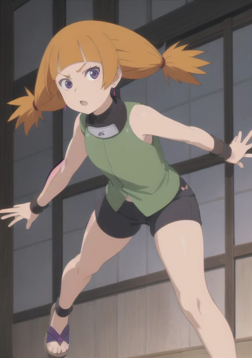 moegi, 1girl, solo, looking at viewer, bangs, twintails, jewelry, purple eyes, earrings, sleeveless, blunt bangs, orange hair, vest, parody, short twintails, wristband, anime coloring, sandals, front view, beautiful body, beautiful legs, 