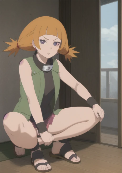 moegi, 1girl, solo, looking at viewer, bangs, twintails, jewelry, purple eyes, earrings, sleeveless, blunt bangs, orange hair, vest, parody, short twintails, wristband, anime coloring, sandals, front view, beautiful body, beautiful legs, 