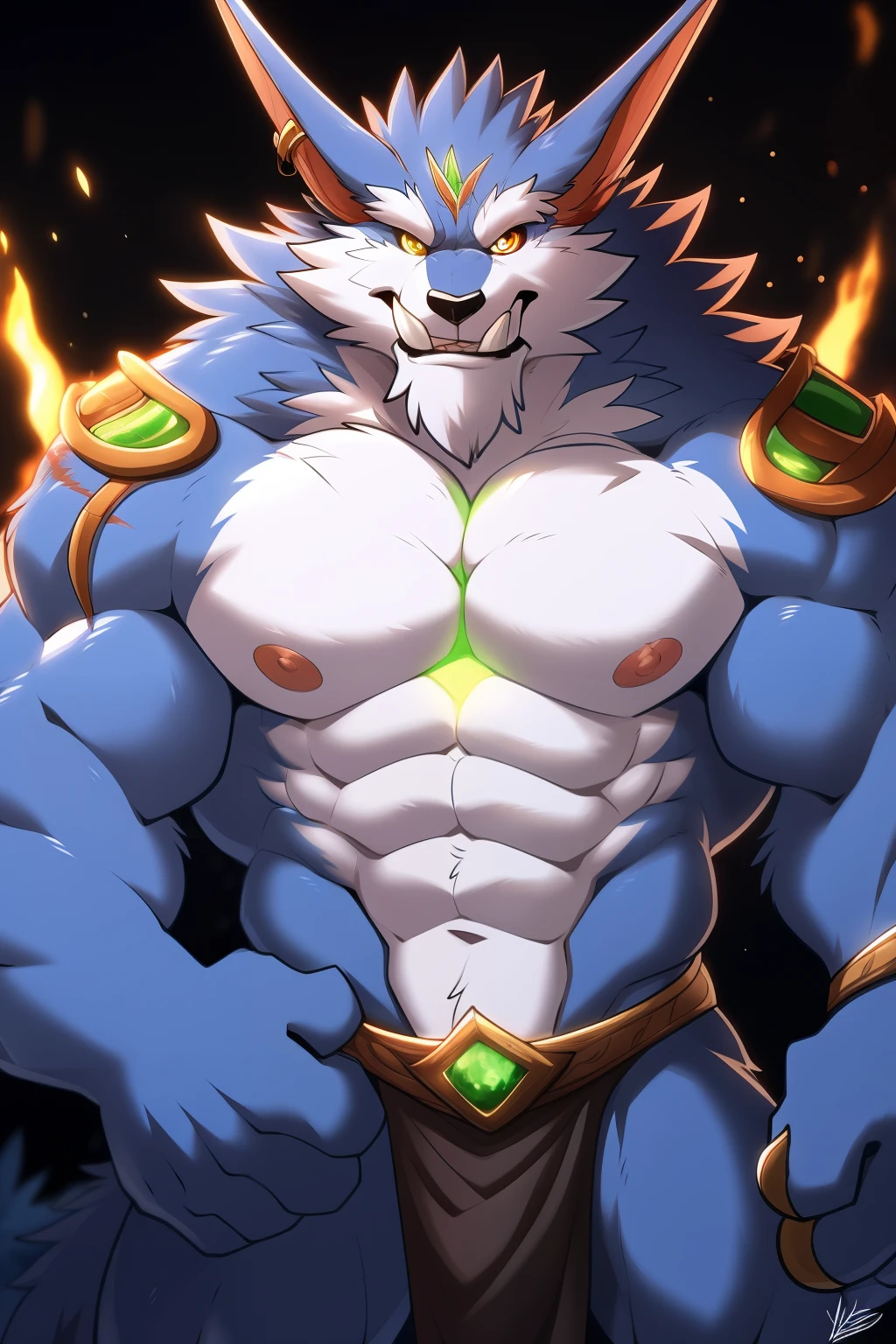 author: Takemoto Arashi, (1 boy), One, Warwick, Мужчины, second test, big body, pumped up, pectoralis major muscles, big bodyсложение,  Beautiful, sexual, Привлекательный Coupleень, (detailed eyes), brows, teeth, (masterpiece, High resolution, high quality), 4K, portrait, Beautiful shadow, focus on pectoral muscles, nipples, loincloth, 