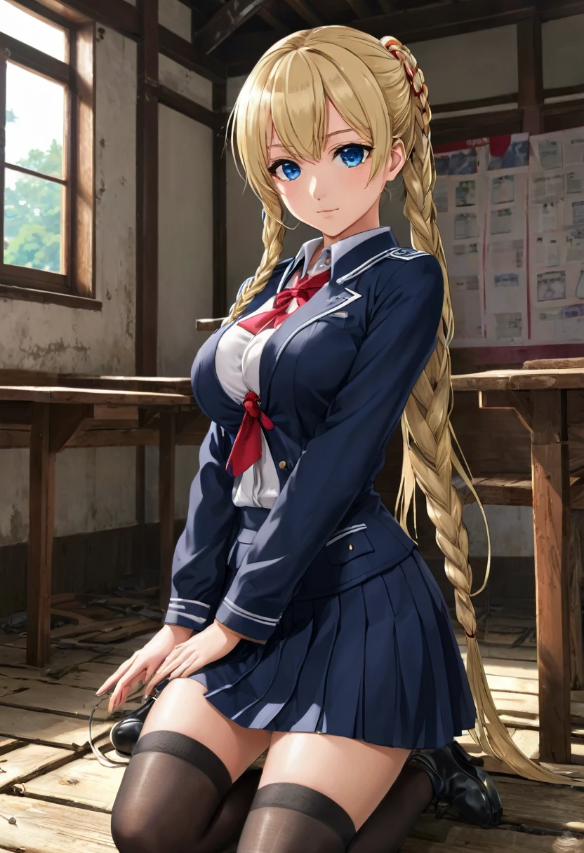 nsfw , best quality, ultra-detailed, high resolution, extremely detailed cg, unity 8k wallpaper, masterpiece,darjeeling (girls und panzer), short hair, twin braids, bangs, blonde hair, blue eyes, {{red jacket}}, long sleeves, [[[epaulettes]]], {{black skirt}}, pleated skirt, miniskirt, black boots, medium breasts, {{thighhighs}}, potbelly, {{{{{masterpiece}}}}}, {{{{{highly detailed}}}}}, {{{{{Enhance}}}}}, [[[[[anime coloring]]]]] , indoors, large breasts,half-closed eyes,annoyed, shibari , straw rope , bondage, (( X-shaped crucifixion, Being restrained)), ((X-shaped crucifixion upside down)), perfect body, femsub, BDSM, no panty, Open Cup bra , nipple cutout , big breasts, ahegao , orgasm , moaning , tied up ankle together to ceiling, crucifixion upside , in abandoned room, bracing,(spread legs), sunlight,no panties, spread pussy , pubic hair, ground level shot , love juice , ((clitoris:1.8))