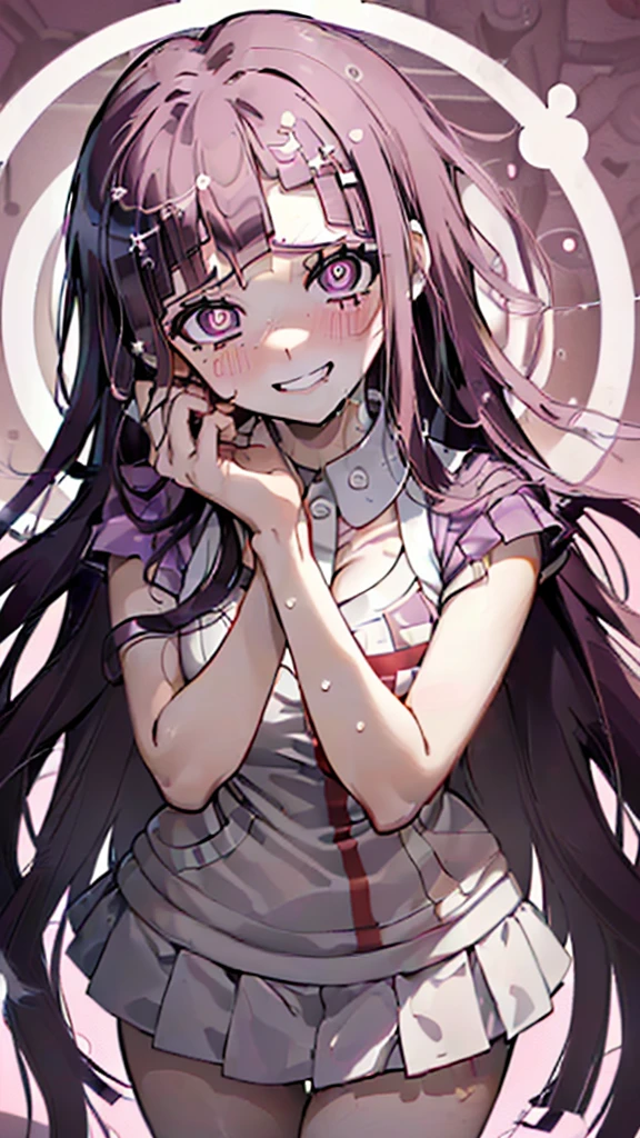 ((mikan tsumiki)),Long Hair,Purple Hair,(Purple eyes:1.3),bangs, blunt bangs,(Patsun),((in danganronpa styles:1.4)),break (nsfw:1.2),break,((dark room)),((Spread your arms)),Sleeveless, (Place your arms behind your head),Raise your arms,
break (masterpiece:1.1),(((High resolution:1.3))), Unity 8K Wallpapers,((Highly detailed face:1.4)),(Perfect hands, Perfect Anatomy),embraced,(whirlpool eyes:1.5),((vulgarity ahegao:1.3)),(messy hair:1.3),(big eyes:1.3),mental broken,(crazy smile:1.5),(evel grin:1.3),aroused,(ecstasy:1.4),hands own cheek,((extremely vulgarity:1.3)),(disappear),((white heavy breathing:1.5)),(orgasm:1.4),(vulgarity face:1.3),(pupils facing upwards:1.4),(blush:1.5),(peel the whites of the eyes:1.3),(pink glowing eyes),(((pupils with many circles:1.5))),(drooling:1.4),((dynamic convulsions:1.4)),(textile shading:1.4),(Aphrodisiac:1.1),(bring face closer:1.2),(leaning forward:1.2),((close up face:1.4)),((face focus:1.3)),(eyes focus)