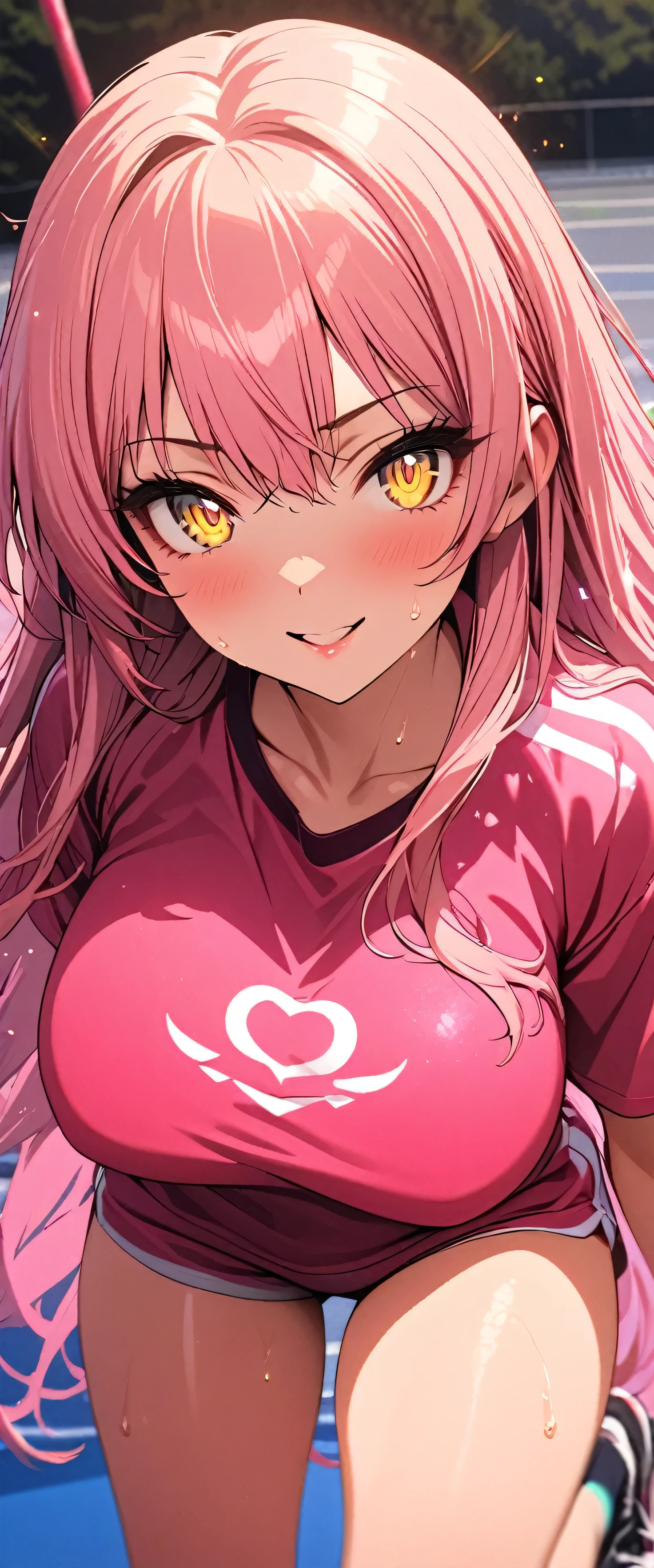 (beautiful girl: 1.3),One girl,masterpiece, Please redeem, Ultra-high resolution,Rich contrast,Very high quality,8k,Highly detailed CG unit wallpaper,Texture,So ridiculous,Ultra-high resolution,RAW Photos,Please redeem anime,Depth of written boundary 1.2,(pink hair, yellow eyes,),ultra-detailed eyes,Glowing Skin,Glitter Effect,Beautiful glossy lips,makeup,(school gym clothes),school gym,mika jougasaki,Huge breasts,hair bow,(Motion Blur:2.0),Jump High,(((sweat))),(trampoline:1.5),Very smiling,Spread your arms wide,Spread your legs,(overhead shot:1.5)