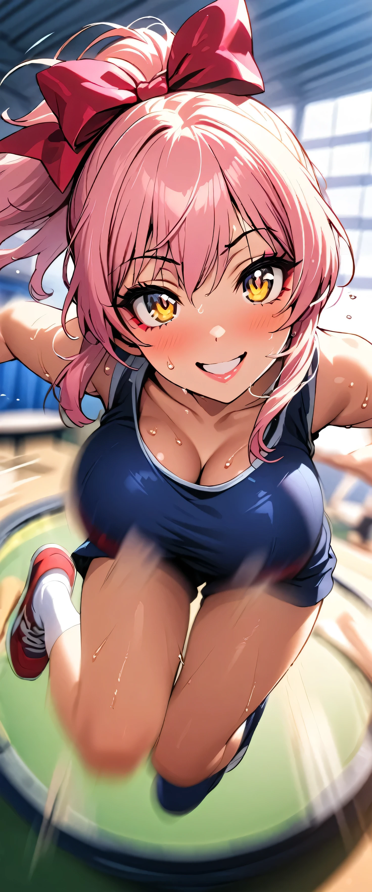 (beautiful girl: 1.3),One girl,masterpiece, Please redeem, Ultra-high resolution,Rich contrast,Very high quality,8k,Highly detailed CG unit wallpaper,Texture,So ridiculous,Ultra-high resolution,RAW Photos,Please redeem anime,Depth of written boundary 1.2,(pink hair, yellow eyes,),ultra-detailed eyes,Glowing Skin,Glitter Effect,Beautiful glossy lips,makeup,(school gym clothes),school gym,mika jougasaki,(Large Breasts),hair bow,(Motion Blur:2.0),Jump High,(((sweat))),(trampoline:1.5),Very smiling