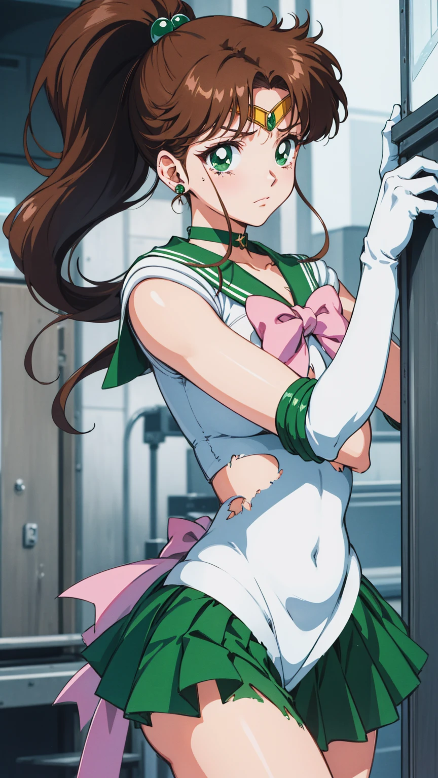 Best Quality, High resolution, 1990s \(style\), retro artstyle, 1990s anime cels style, Sailor Jupiter, Finding, Sailor Warrior, Green Sailor Collar, White gloves, Green pleated skirt, Pink Ribbon, ponytail, jewelry, Earrings、(Torn clothes、)、dynamic、廃墟でFinding、Torture scene、torture chamber、Tortured woman、tears、、sad