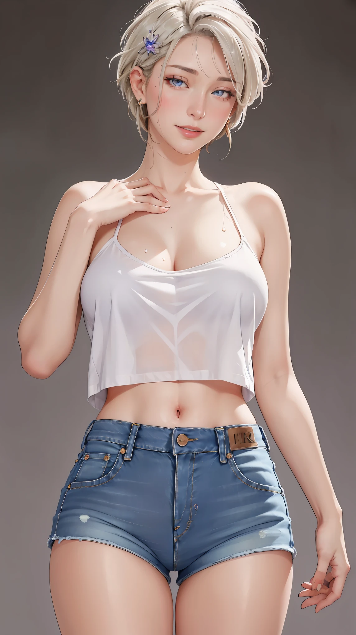 ((((masterpiece, best quality, high resolution)))), Extremely detailed 8K, Beautiful girl with voluptuous body, (Ultra HD, Ultra-detailed, Highly detailed, Highly realistic, Ultra-realistic, photograph realistic), (1girl:1.5), (Realistic white hair), (short silky hair, hair ornaments, earrings), (dynamic poses), facing at camera, looking at viewer, (blushing red, embarrassed, exhausted, smile), (violet eyes, sharp eyes), (medium perky breasts:1.2), (wide hips:1.2), (beautiful detailed face, beautiful detailed eyes), ((naked, jeans shorts)), (detail pussy), (standing up), sweat, glow, ((cowboy shot)), (nightlight), (simple background), seductive