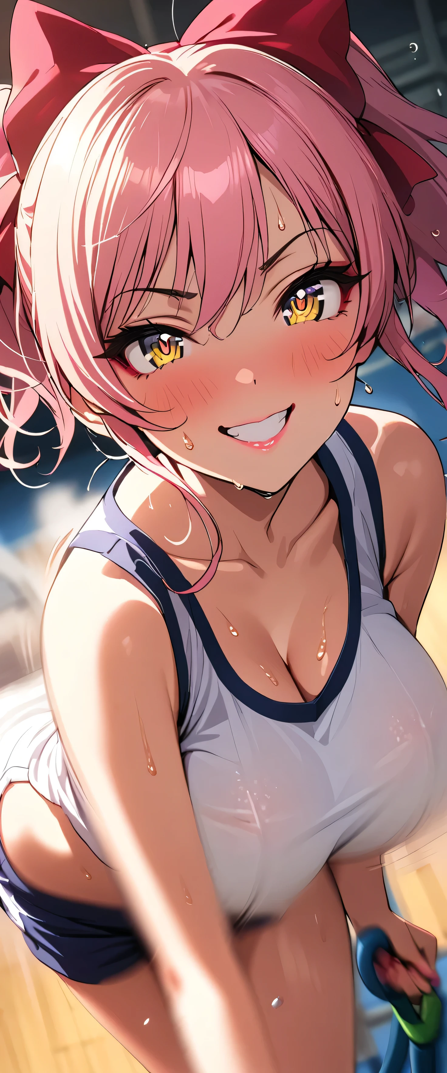 (beautiful girl: 1.3),One girl,masterpiece, Please redeem, Ultra-high resolution,Rich contrast,Very high quality,8k,Highly detailed CG unit wallpaper,Texture,So ridiculous,Ultra-high resolution,RAW Photos,Please redeem anime,Depth of written boundary 1.2,(pink hair, yellow eyes,),ultra-detailed eyes,Glowing Skin,Glitter Effect,Beautiful glossy lips,makeup,(school gym clothes),school gym,mika jougasaki,(Large Breasts),hair bow,(Rear View:1.5),grin,(Motion Blur:2.0),Skipping rope,(((sweat)))