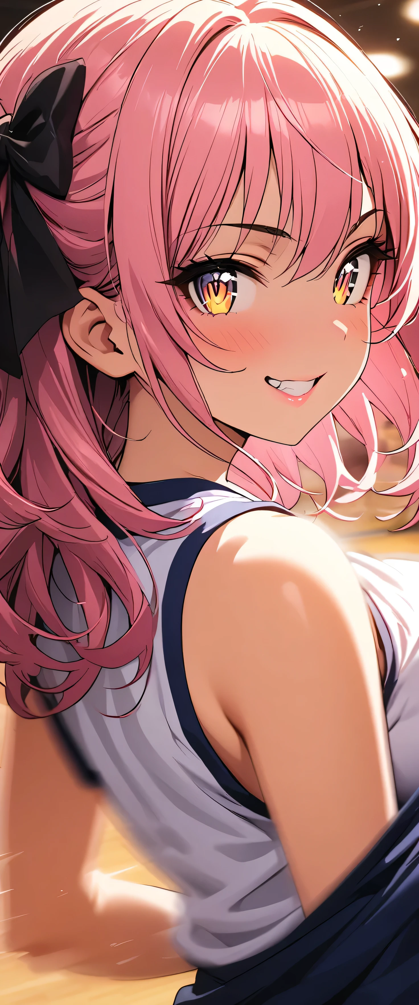 (beautiful girl: 1.3),One girl,masterpiece, Please redeem, Ultra-high resolution,Rich contrast,Very high quality,8k,Highly detailed CG unit wallpaper,Texture,So ridiculous,Ultra-high resolution,RAW Photos,Please redeem anime,Depth of written boundary 1.2,(pink hair, yellow eyes,),ultra-detailed eyes,Glowing Skin,Glitter Effect,Beautiful glossy lips,makeup,(school gym clothes),school gym,mika jougasaki,(Large Breasts),hair bow,(Rear View:1.5),grin,(Motion Blur:2.0)