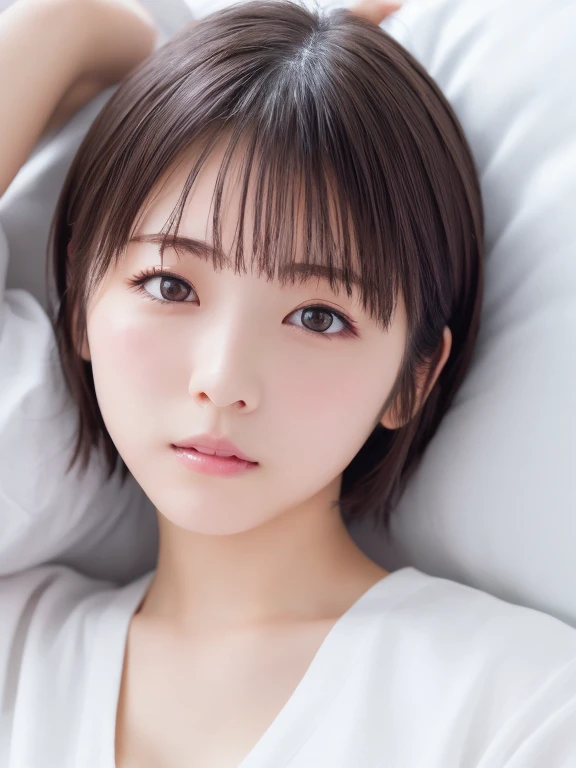 masterpiece, Best Quality, One Woman, (RAW Photos, Best Quality), (reality, Realistic:1.4)、sexy、iris、Very detailed eyes and face, Beautiful and detailed nose, beautiful eyes, Perfect Anatomy、Short Hair、White shirt、Cleavage、Shiny skin、Wet Skin、Blushing、Droopy eyes、Hollow Eyes、（sleepy）、Open your mouth、 Lying down、Looking Up、bed、