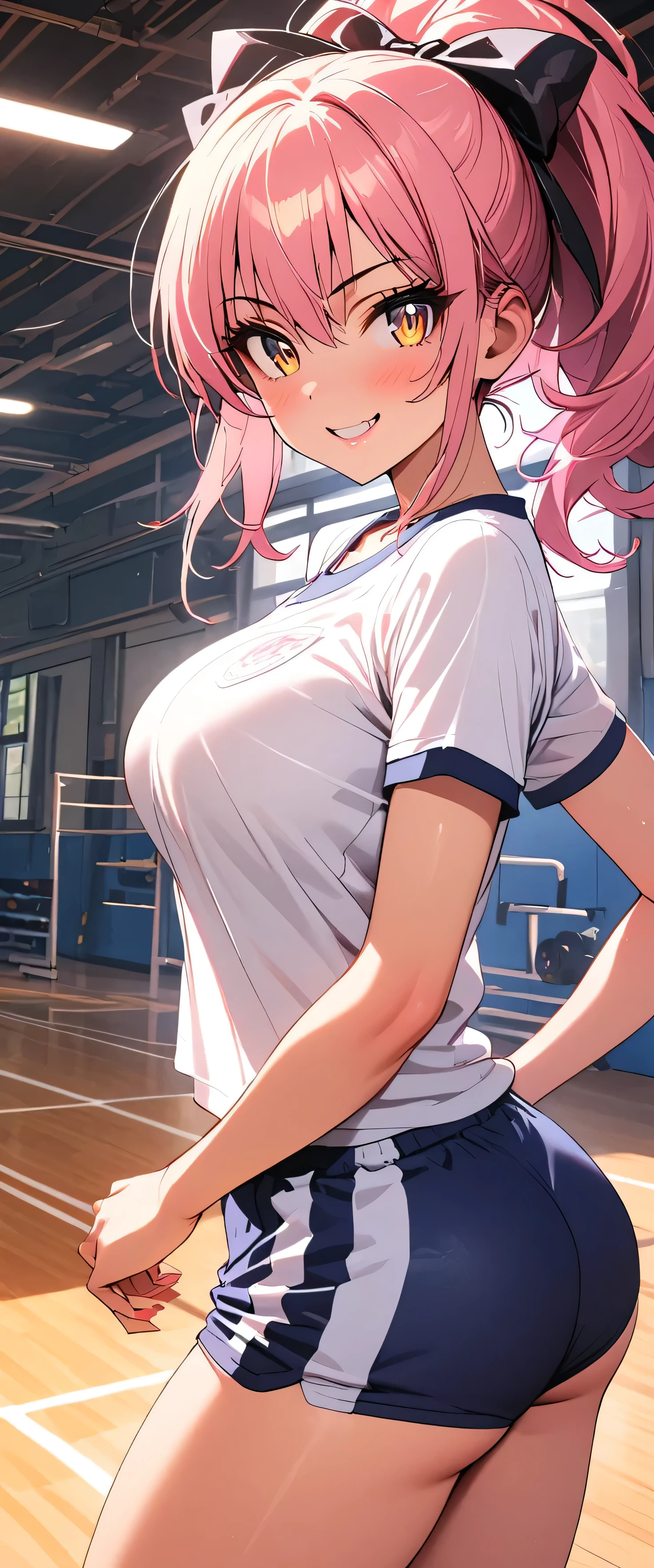 (beautiful girl: 1.3),One girl,masterpiece, Please redeem, Ultra-high resolution,Rich contrast,Very high quality,8k,Highly detailed CG unit wallpaper,Texture,So ridiculous,Ultra-high resolution,RAW Photos,Please redeem anime,Depth of written boundary 1.2,(pink hair, yellow eyes,),ultra-detailed eyes,Glowing Skin,Glitter Effect,Beautiful glossy lips,makeup,(school gym clothes),school gym,mika jougasaki,(Large Breasts),hair bow,(Rear View:1.5),grin