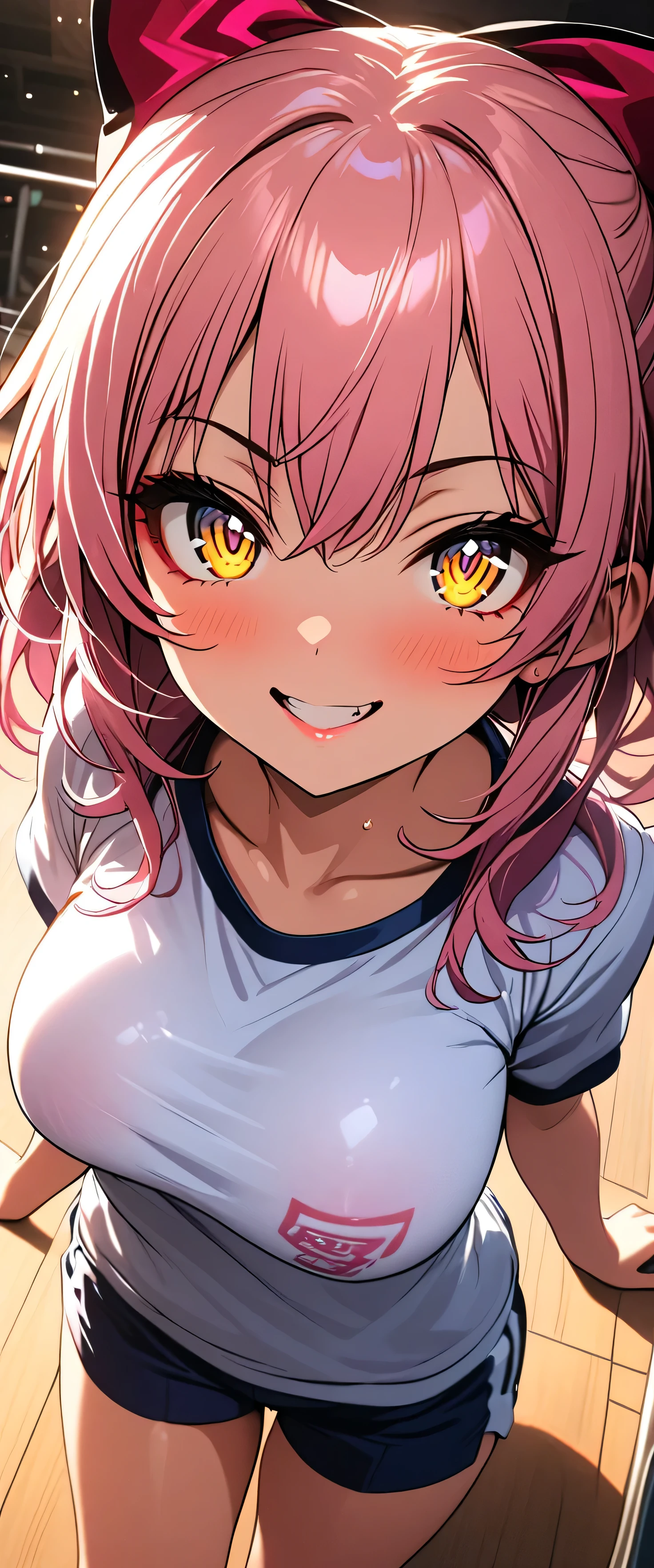 (beautiful girl: 1.3),One girl,masterpiece, Please redeem, Ultra-high resolution,Rich contrast,Very high quality,8k,Highly detailed CG unit wallpaper,Texture,So ridiculous,Ultra-high resolution,RAW Photos,Please redeem anime,Depth of written boundary 1.2,(pink hair, yellow eyes,),ultra-detailed eyes,Glowing Skin,Glitter Effect,Beautiful glossy lips,makeup,(school gym clothes),school gym,mika jougasaki,(Large Breasts),hair bow,(Rear View:1.5),grin