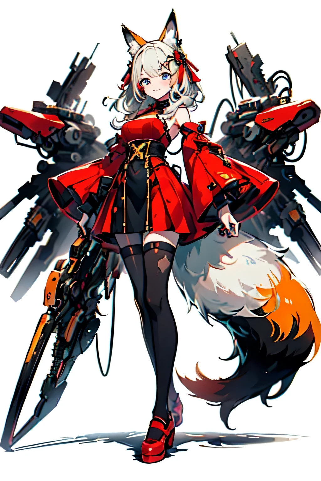 Fox ears, Mecha, machine, Bushy tail, blue theme,, ultra detailed, masterpiece, best quality, aesthetic, detailed,, solo, soft smile, light smile,
1girl, blue eyes, very long hair, blonde hair, long blonde hair, french braid, bangs, medium breasts,, hair ribbon, frilled choker, criss-cross halter, sleeveless dress, high-waist skirt, backless dress, waist bow, detached sleeves, frilled sleeves, wide sleeves, pantyhose, patterned legwear, mary janes,