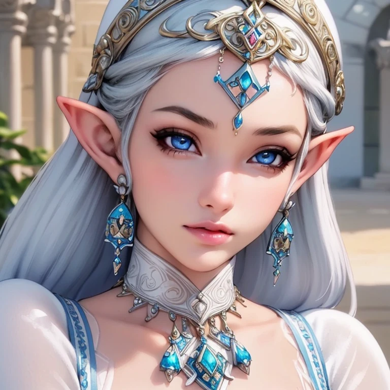 A beautiful and graceful elf princess, innocent and delicate but also bold and intelligent, from the Legend of Zelda game, 1girl, extremely detailed face, beautiful detailed eyes, beautiful detailed lips, long eyelashes, elegant dress, intricate jewelry, glowing aura, cinematic lighting, fantasy landscape, vibrant colors, digital art, 8k, highly detailed, masterpiece