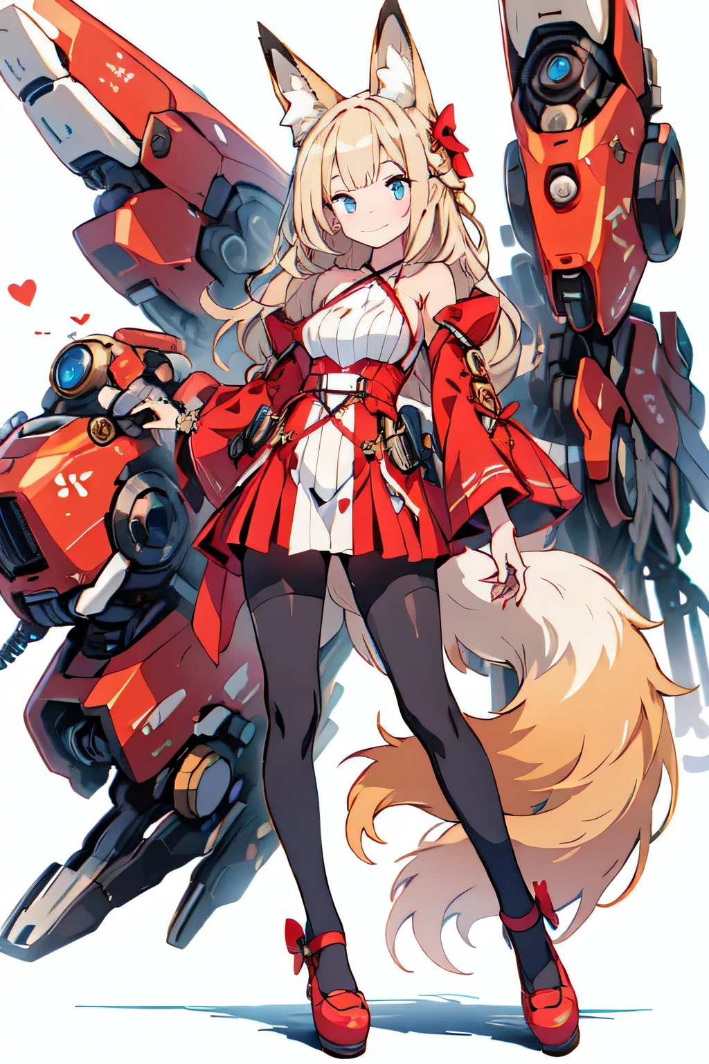 Fox ears, Mecha, machine, Bushy tail, blue theme,, ultra detailed, masterpiece, best quality, aesthetic, detailed,, solo, soft smile, light smile,
1girl, blue eyes, very long hair, blonde hair, long blonde hair, french braid, bangs, medium breasts,, hair ribbon, frilled choker, criss-cross halter, sleeveless dress, high-waist skirt, backless dress, waist bow, detached sleeves, frilled sleeves, wide sleeves, pantyhose, patterned legwear, mary janes,