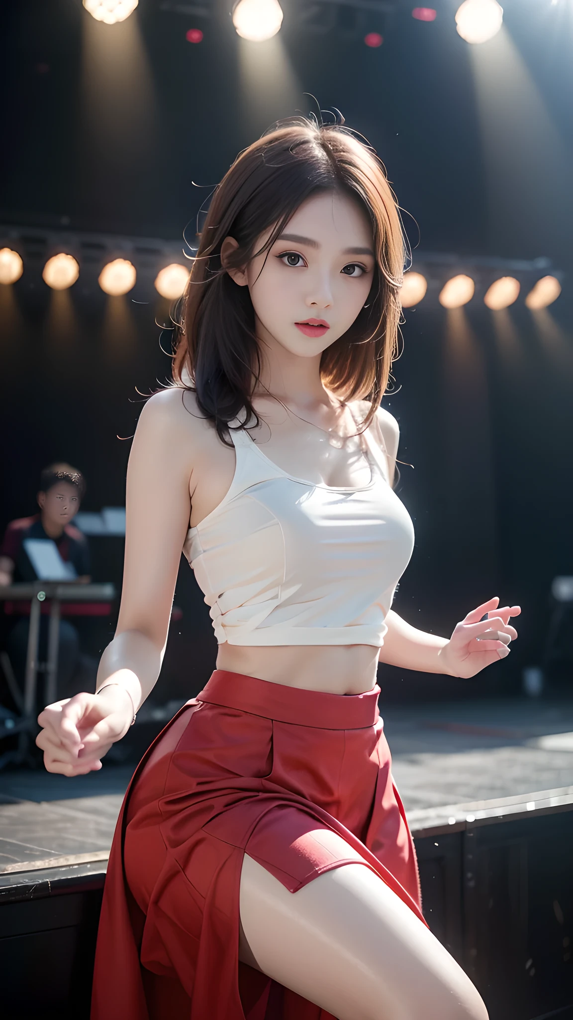 8K, masutepiece, Raw photo, Best Quality, Photorealistic, Highly detailed CG Unity 8K wallpaper, depth of fields, Cinematic Light, Lens Flare, Ray tracing, (Extremely beautiful face, Beautiful lips, Beautiful eyes), intricate detail face, ((Ultra detailed skin)) 1girl in, In the Dark, deepshadow, Pretty Korean girl, Kpop Idol, 1 girl, (Very slim and slender fit muscular body:1.3), ((Looking at Viewer)),(Big smile:1.3), (Midnight, a dark night, (Neon sign), (Blurred background), Dim light), (No people in the background:1.3), Beautiful earrings, Bracelets, Necklace, pantyhose, Clear eyes, Walking , Front shot, (pale skin), (Big eyes), Face forward, (Full body shot), (Brown hairs), open navel, (Looking at Viewer:1.3), Very slim, medium breasts, (Camel toe), thick thighs, turn back, (fluttering mini dress), ((White Collar Dresses)), (Tight skirt), ((backtrack, Back shot)), Ultra mini skirt