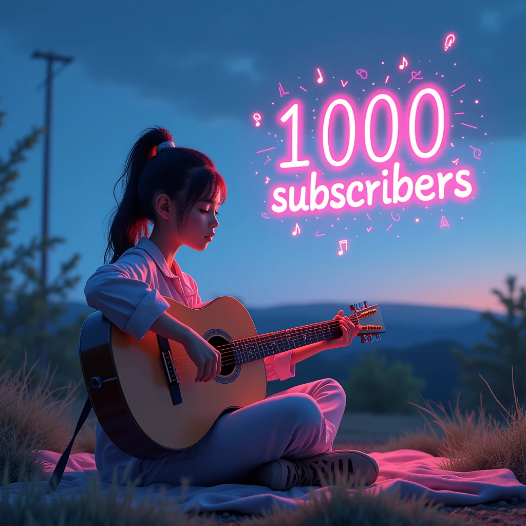 Girl Plays Guitar and Draws in the Air Clear Letters with the Inscription-1000 Subscribers Neon Above Girls, like the Illusion of Music Beautiful, masterpiece, Maximum Quality, 