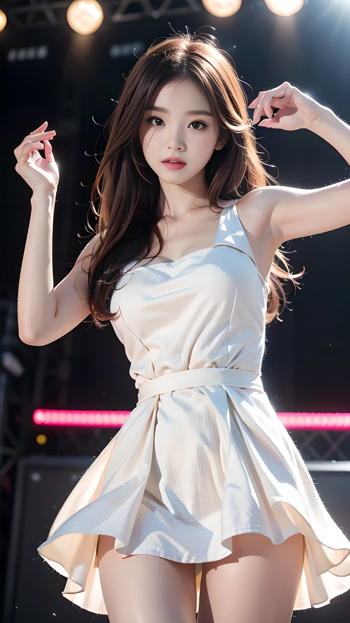 ulzzang-6500-v1.1, (RAW photo: 1.2), (Real photo), (Real photo: 1.4), 1 girl、Perfect anatomy、1、Looking at the camera、Medium length hair、dance dress, ((performing on stage: 1.1))、(Business service)、Asian eyes Ella,