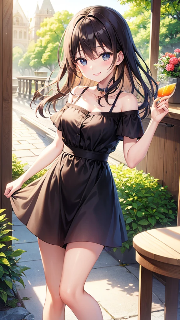 1girl, solo, long hair, breasts, looking at viewer, messy hair, blush, smile, bangs, blue eyes, brown hair, shirt, medium breasts, closed mouth, collarbone, upper body, flower, small cleavage, sleeves short, belt on dress, bare shoulders, outdoors, day, raised hand, bag, tree, black shirt, hand in hair, bench