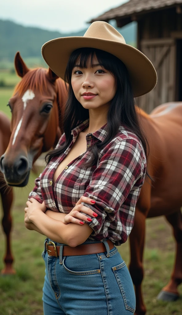 A plump naked woman with brown hair strokes a horse in a misty meadow, full face