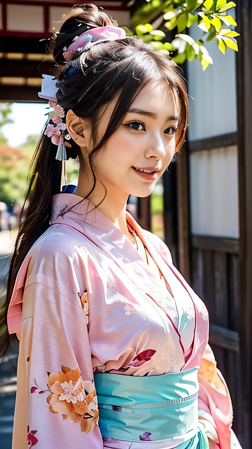 (Outdoor、Japanese Garden、garden、autumn、Maple)、(Look away:1.3、Squint your eyes and laugh、Big smile)、(Realistic、As shown in the picture、live-action、8k, Realistic, RAW Photos, Best Quality: 1.4), SLR camera、RAW Photos, Best Quality, Realistic, Detailed CG Unity 8k Wallpaper, Written boundary depth, Cinematic Light, Lens Flare, Ray Tracing, Realistic background、(Sexy pink floral orange kimono:1.4)、((whole body:1.5))、(Long Hair:1.2、Tie your hair up:1.5)、I like that style、stylish、Very detailed、Perfect outfit、(Sunburned skin)、View from below、Accurate Arm