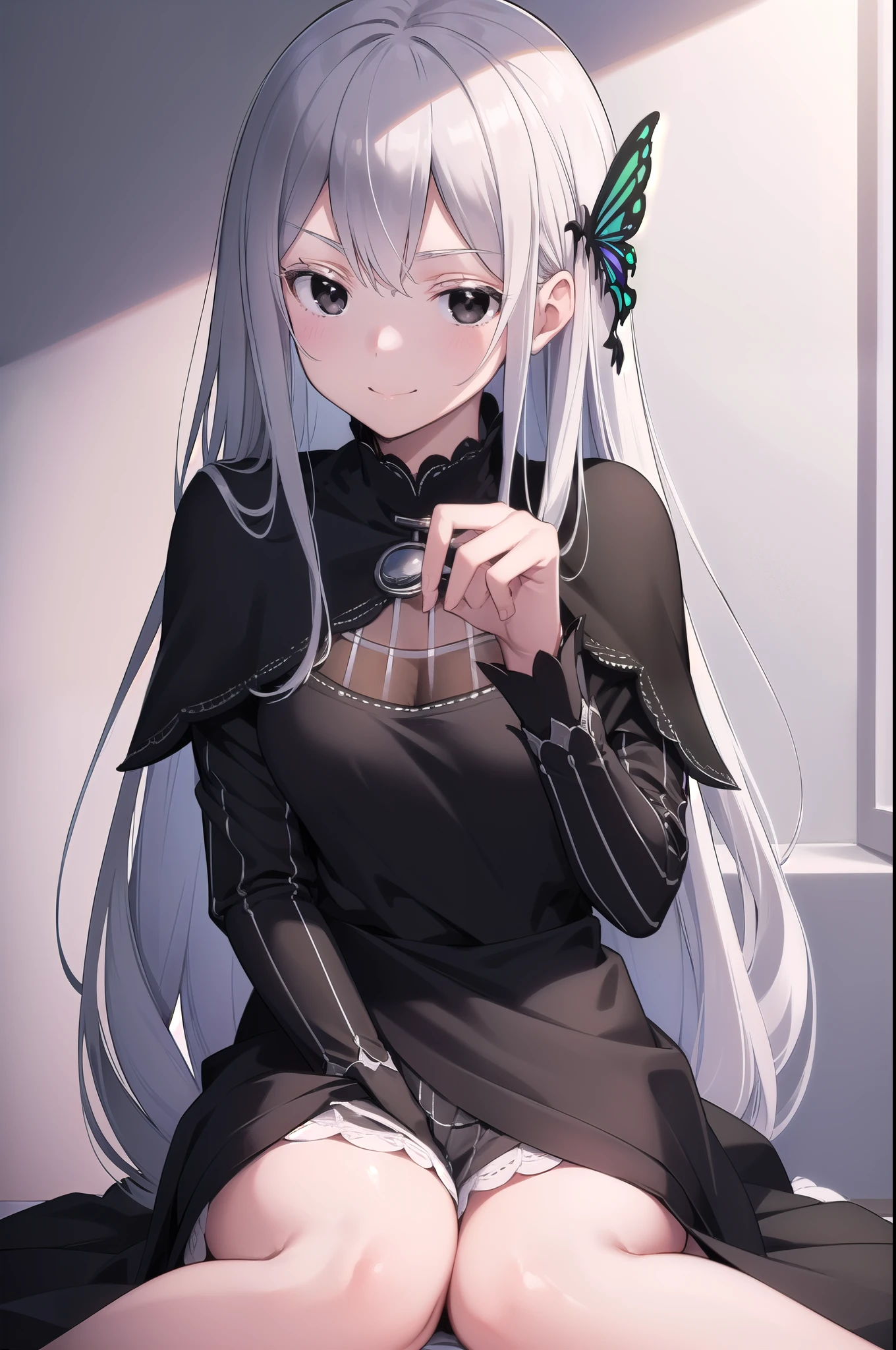 Echidna, Echidna, Colorful eyelashes, Gray Hair, Hair between the eyes, Long Hair, Straight hair, (Black Eyes:1.5),
break black Capelet, black dress, butterfly Hair Accessories, Capelet, dress, Hair Accessories,
break looking at viewer, whole body,
break indoors, classroom,
break (masterpiece:1.2), Best Quality, High resolution, Unity 8K Wallpaper, (figure:0.8), (Beautiful attention to detail:1.6), Highly detailed face, Perfect lighting, Highly detailed CG, (Perfect hands, Perfect Anatomy),smile