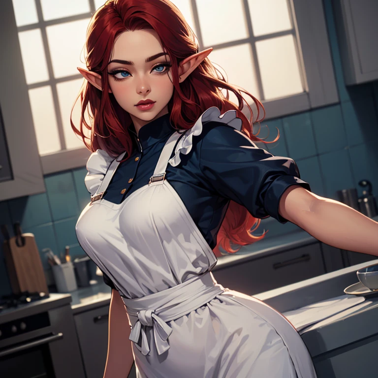 ((ultra quality)), ((Masterpiece)), ((8K)), ((elf house worker)), ((long red hair)), (Beautiful face), (Dark lips), charming, ((sexy facial expression)), looks at the camera, eyes closed a little, (skin color dark blue), (dark blue skin), glare on the body, ((detailed beautiful female eyes)), ((Light blue eyes)), (beautiful female lips), (dark eyeliner), (beautiful female hands), ((Ideal female figure)), Ideal female body, beautiful waist, beautiful hips, Medium breasts, (cloth: housemaid costume), ((subtle and beautiful)), stands temptingly (face close up), background: big fantasy, house kitchen, ((depth of field)), ((high quality clear image)), (clear details), ((High detail)), realistically, ((Clear Focus))