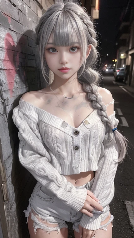 Digital Art, Digital Illustration, ((4K, 8K)), Ultra-detailed, beautiful image, Sharp Image, a close up of a woman in a short skirt and a grey sweater, sweater tucked into skirt, nylon tights, trending at cgstation, anime barbie doll, trending on cgstation, anime girl in real life, anime vtuber full body model, ((long white hair),(blue eyes), twin tails hair, ( 16 years old), (very small round breasts), on bed