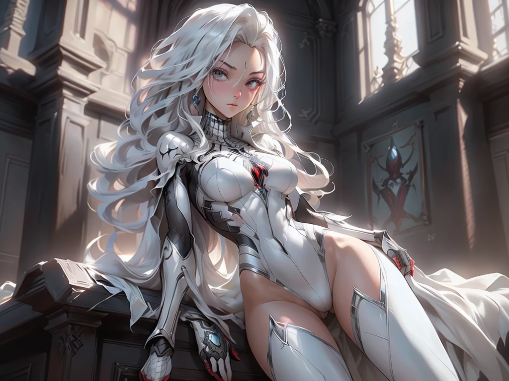 1girl,solo focus, robot girl, humanoid robot,robot joints,orange eyes,long hair, (colored skin),huge breasts,tiara, jewelry, armored dress,gold trim, sleeveles,cape,(indoor),bed chamber,sitting,on bed,m-leg,spread legs,,night