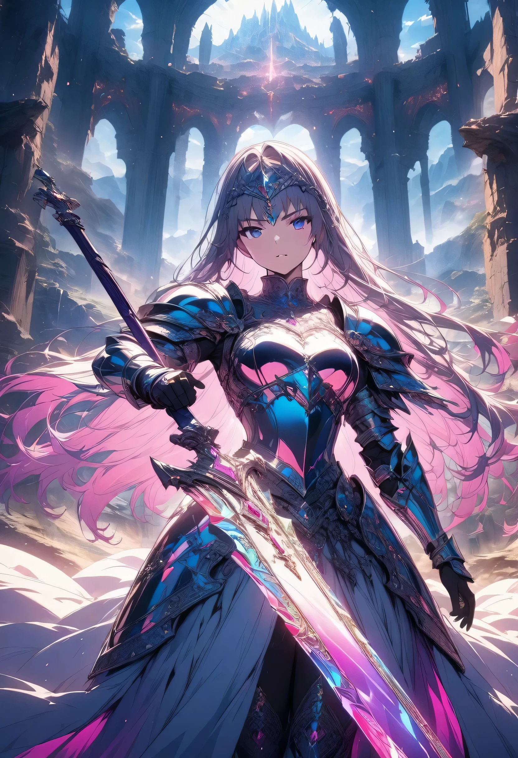 A highly detailed, anime-style scene of a female knight holding the legendary sword, which is larger than her and beautifully decorated. The female knight stands proudly, wearing shining armor, with a determined expression as she grips the hilt of the massive, ornate sword. The sword is adorned with intricate engravings and jewels, reflecting a sense of history and power. The background features a mystical, open landscape with mountains or ruins, glowing softly in the light of dawn. The scene captures the epic moment of the knight claiming the legendary weapon, rendered in high quality with smooth shading and vibrant colors, emphasizing the grandeur of the sword and the bravery of the knight in a dramatic anime-style composition.