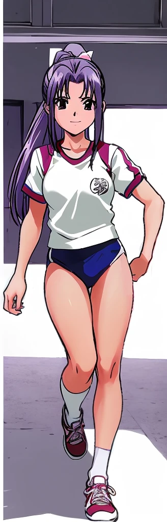 Miyanoshita Satsuki, with her beautiful legs, is standing blushing in the schoolyard wearing a white gym uniform and light navy blue bloomers that look like panties.。