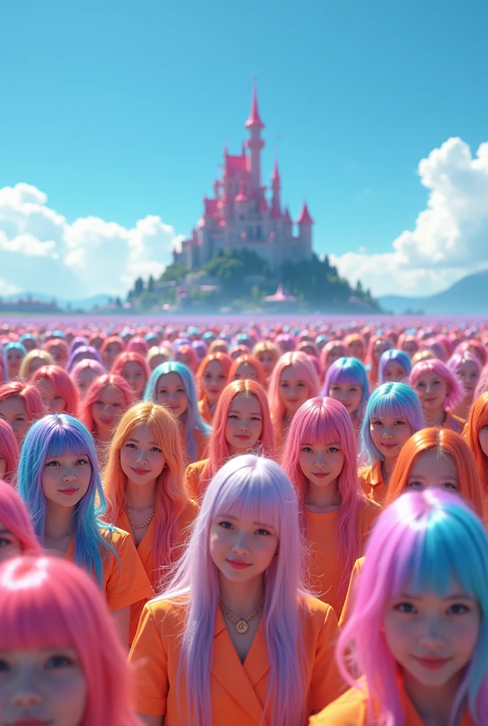 A group photo of 8,000 animated beauties with 14 meter long hair wearing colorful very very very very short patterned skirts and colorful very very very very very long patterned socks, holding each other so tightly that the generated image is filled, smiling slightly and facing forward with their bodies and faces facing each other.