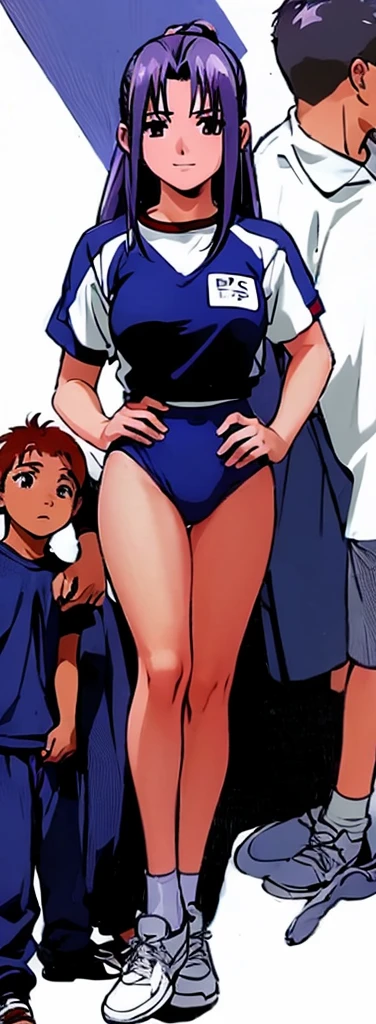 Momoko Koigakubo, a tall woman with beautiful legs, stands in a white gym suit and light navy blue bloomers that look like panties.。In front of Momoko, standing next to her is a second-grade boy wearing a tracksuit with a big smile on his face, who is being held by Momoko Koigakubo.。