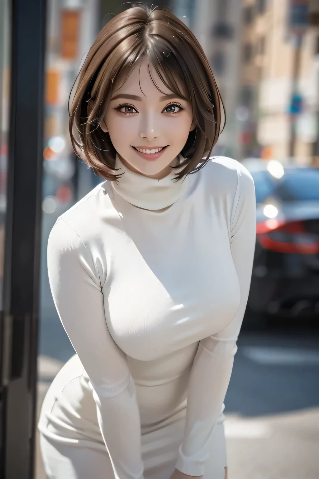 Very detailed, beautiful, Best Quality, detailed beautiful round eyes, beautiful detailed face, Full body Ezbian, 1 female, Bob Hair, Big Eyes, double eyelid, Long eyelashes, Thick mascara, Dark Eyeliner, ((Large Breasts)), Toned thighs, 40 years old, ((Turtleneck tight dress)), Perfect Face, Perfect body, Sexy pose, (Grin), Random Location, nature, (Alone), ((masterpiece, Best Quality, High resolution, Pixel Perfect, 8k,))