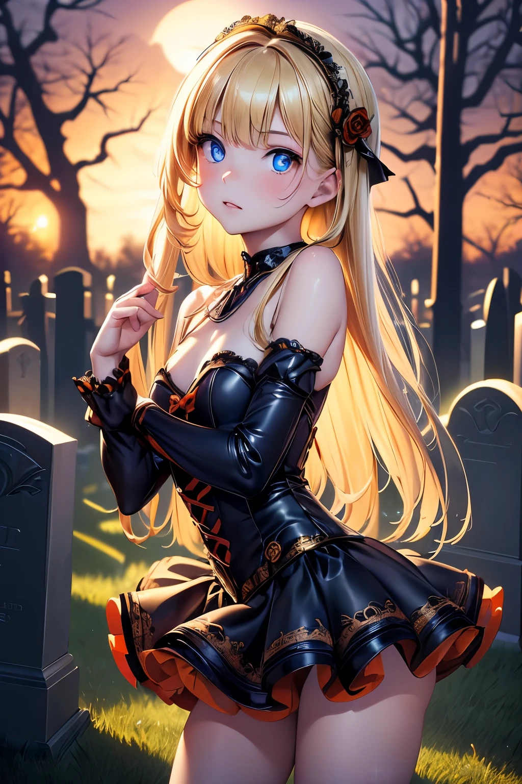 hight resolution, top-quality, ultra-quality, The ultra-detailliert, lighting like a movie、graveyard、Zombie Girl、Wrap a bandage around your chest、