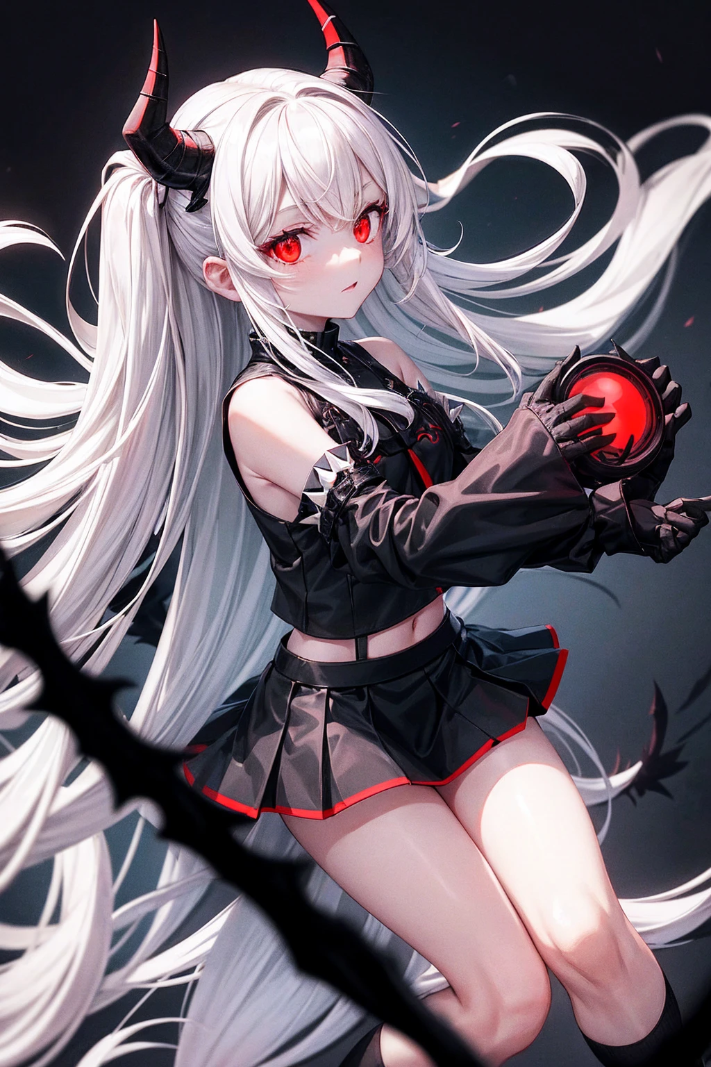 pale skin，dark风，wearing leg rings，long white hair，black eye shadow，red eyes，Abstinence，dark，back view，goat horn，sickle，grim Reaper，sitting，High heel
